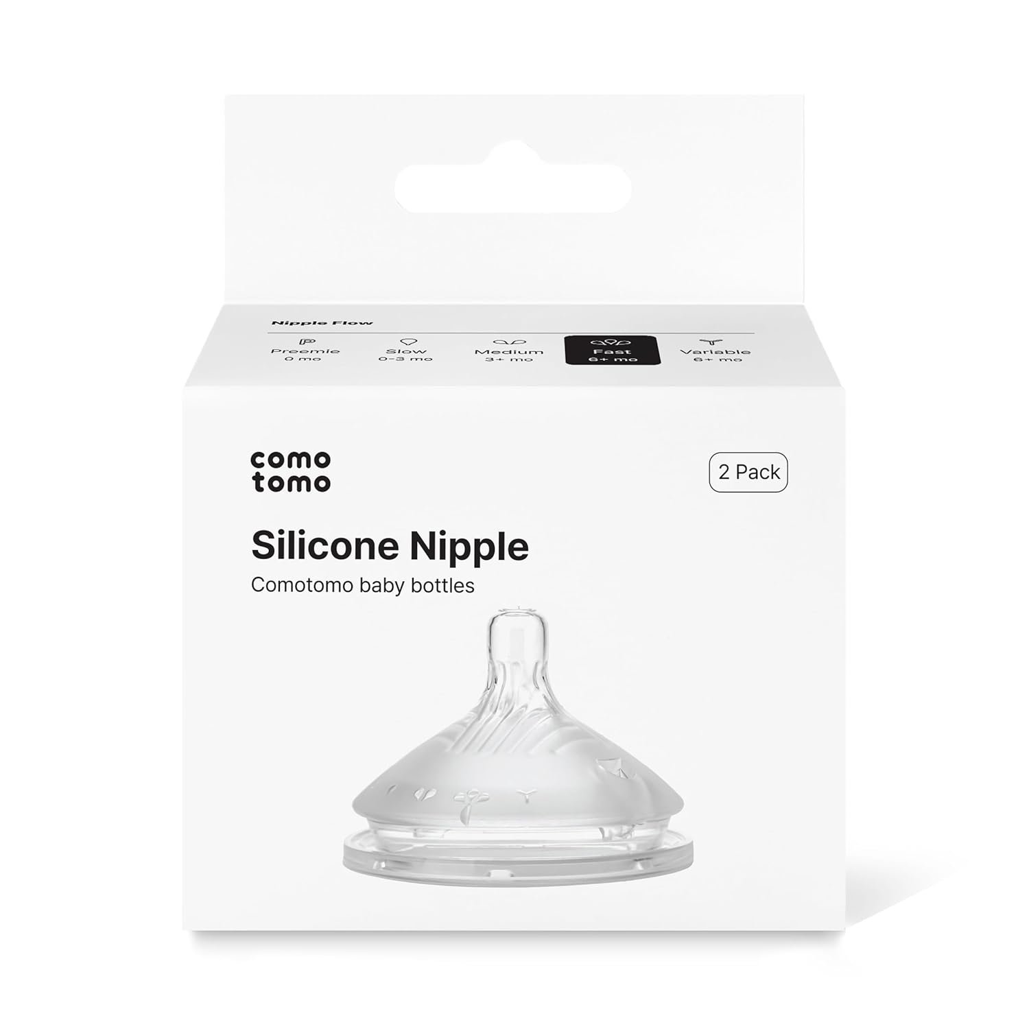 Comotomo Silicone Replacement Nipples for Baby Bottle Gen 2 (2026 Release) – Soft, Silicone Nipples with Dual Anti-Colic Vents Designed for Natural Latch (Pack of 2), Fast Flow (6+ Months)