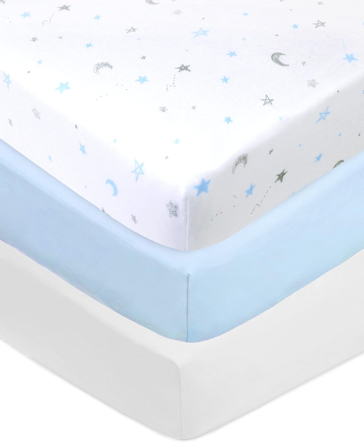 American Baby Company 3 Pack 100% Natural Cotton Fitted Crib Sheets 52″ x 28″ – Soft, Breathable, Hypoallergenic & Gentle Toddler Bed Sheets, Blue Stars/Blue/White, Neutral for Boys & Girls