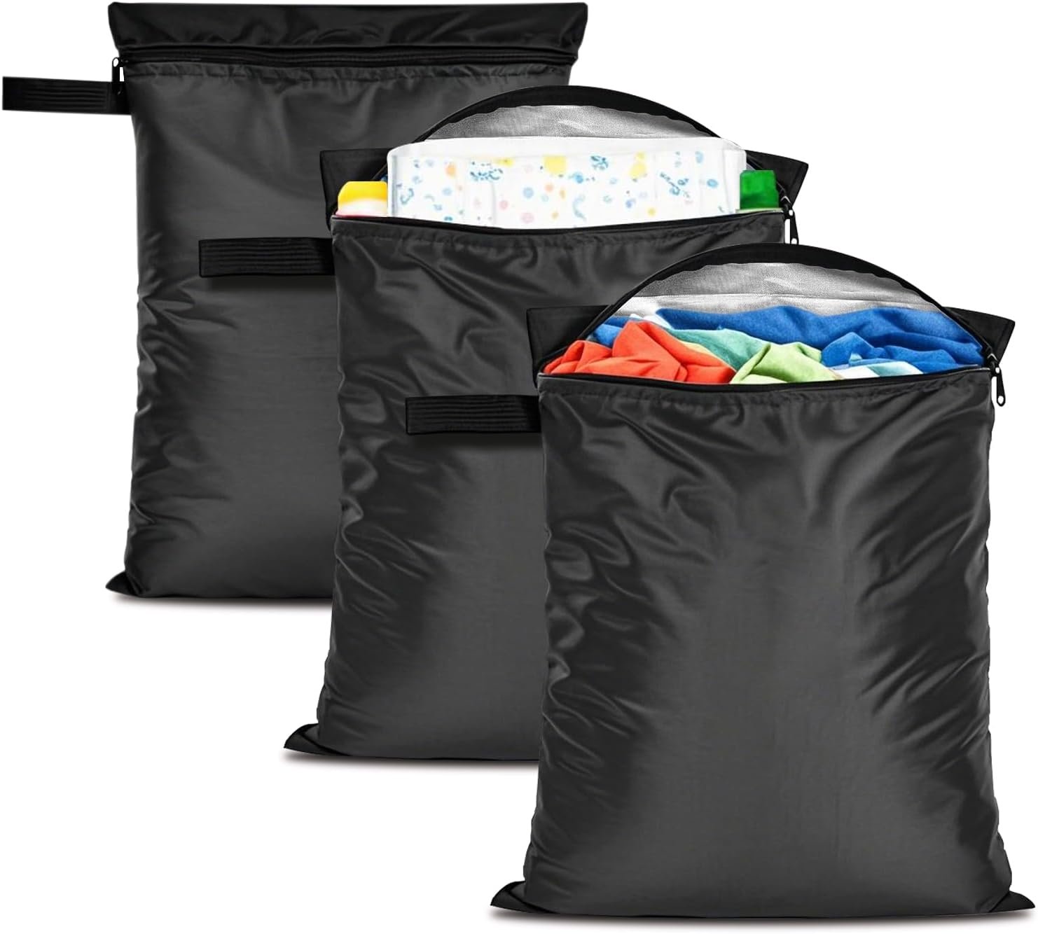 Wet Dry Bags 3 Pack,12×16 Inch Waterproof Reusable Wet Bag For Baby Diapers Swimsuit Wet Clothes Travel Beach Pool Gym,Durable Polyester Fabric,Waterproof Seal Strip Inside,Handle and Zipper,Black