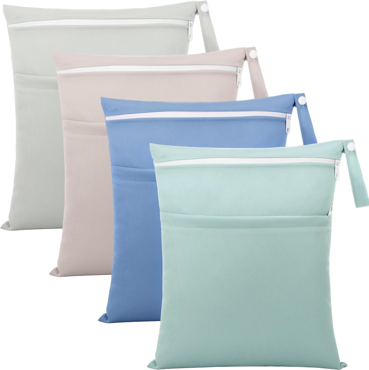 SATINIOR 4 Pack Wet Dry Bags for Baby Cloth Diapers 12×14 Washable Travel Swimsuit Wet Bags Reusable with Two Zippered Pockets for Yoga Gym Swimsuits Travel Beach Pool Soiled Items(Fresh Color)