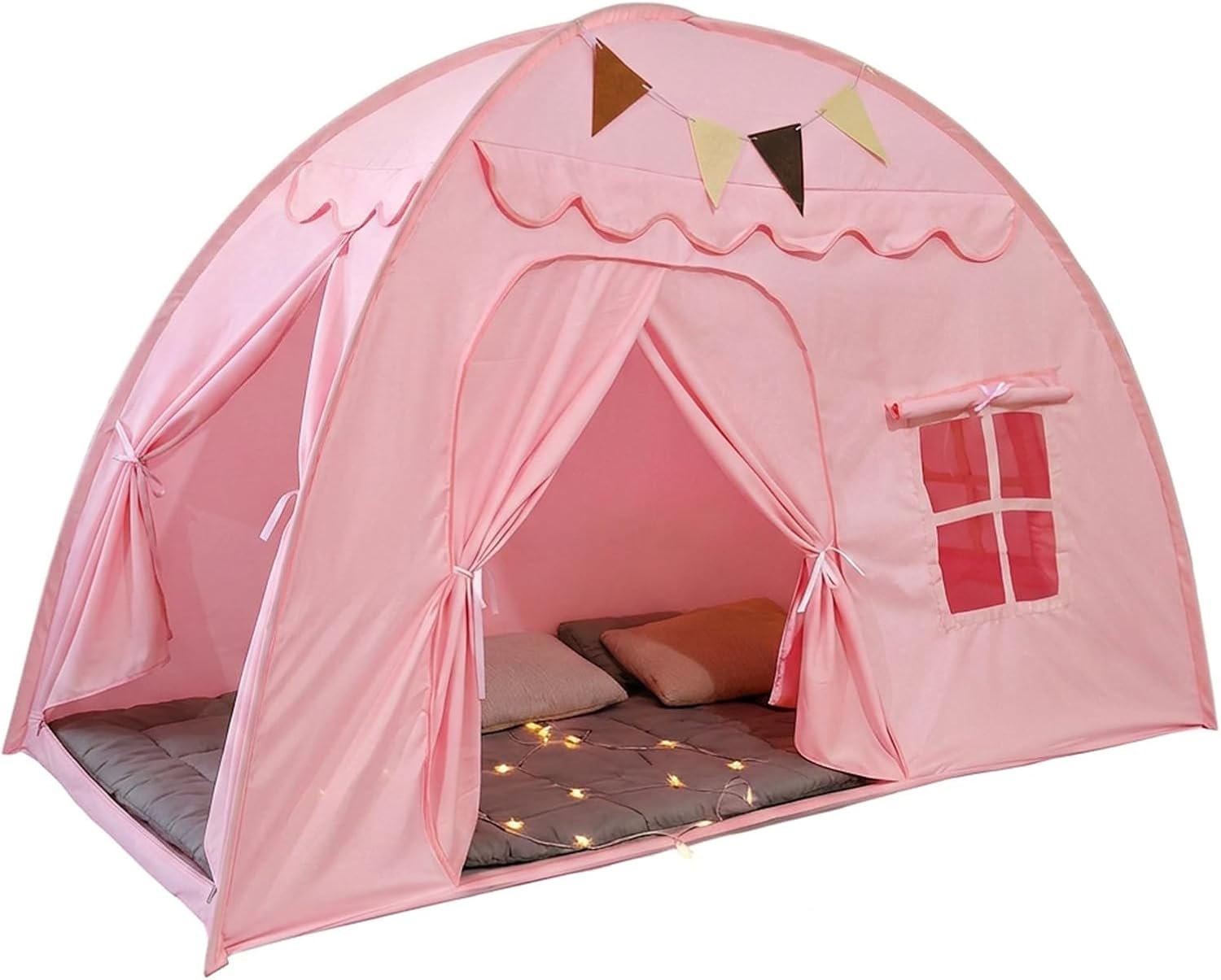 Full Size Bed Tent for Kids, Indoor Kids Privacy Play Tent, Blackout Sleeping Bed Canopy, Portable & Foldable Floor Bed Tents, Pink