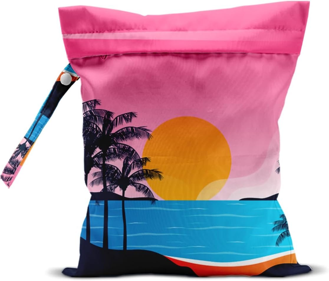 Wet Bag, Wet Dry Bag, Waterproof Swim Bags, Machine Washable Reusable Bags for Beach, Pool, Diapers, and Dirty Yoga Gym Clothes(Pink Sunset Beach Pattern