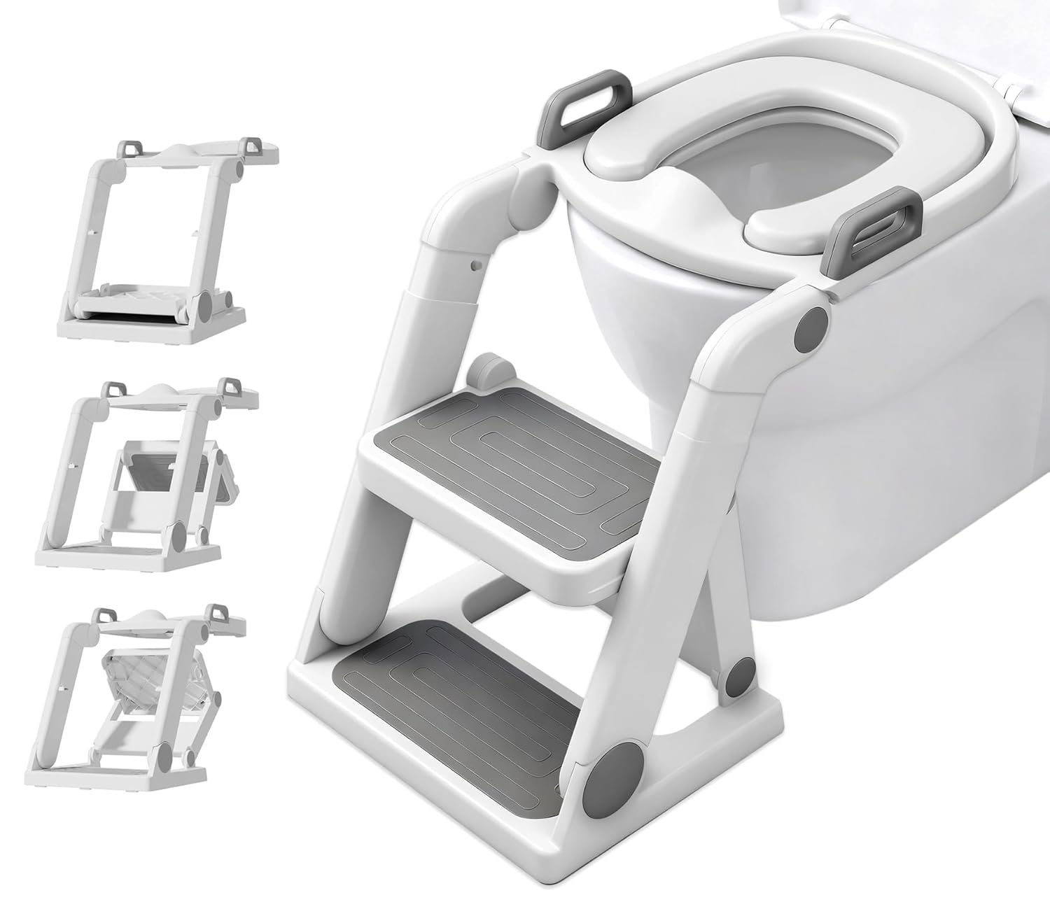 Potty Training Seat, Fully Assembled Toddler Toilet Seat with Steps for Boys Girls, Anti-Slip Step Stool & Splash Guard, Foldable Potty Training Toilet Seat with Ladder, Grey