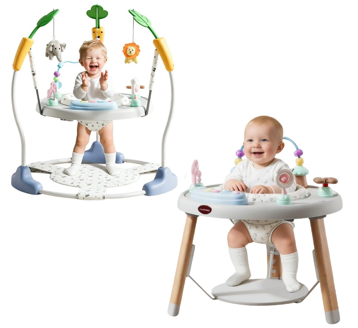 CuddoBaby Baby Jumper 4-Stage Convertible| Montessori -Inspired 8 Interactive Toys| Tummy Time Playmat, Bouncer, Exersaucer, Toddler Table| Music & Lights | 3-6, 6-12, 12-18, 12-24 Months – Gray