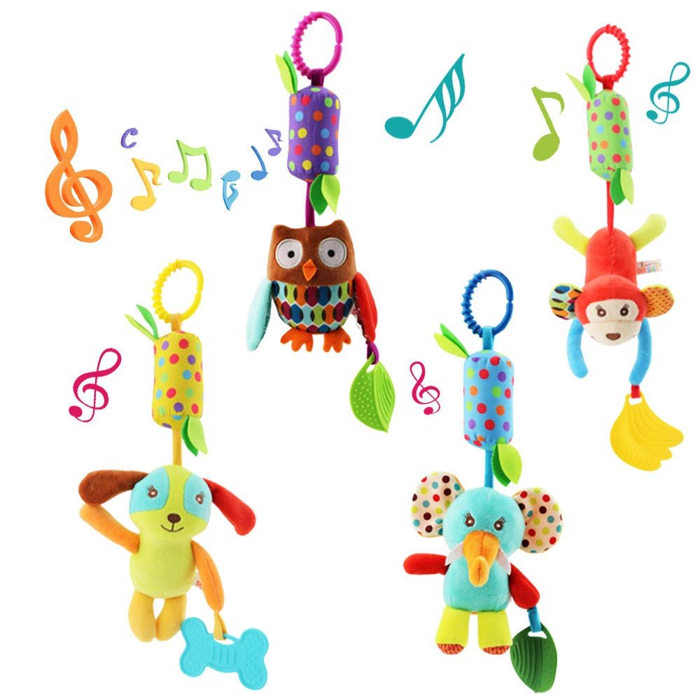 4 PCS Baby Soft Hanging Rattle Crinkle Squeaky Toy – Baby Toys for 0 3 6 9 to 1 Animal Ring Plush Stroller Infant Car Bed Crib Travel Activity Hanging Wind Chime with Teether for Boys Present