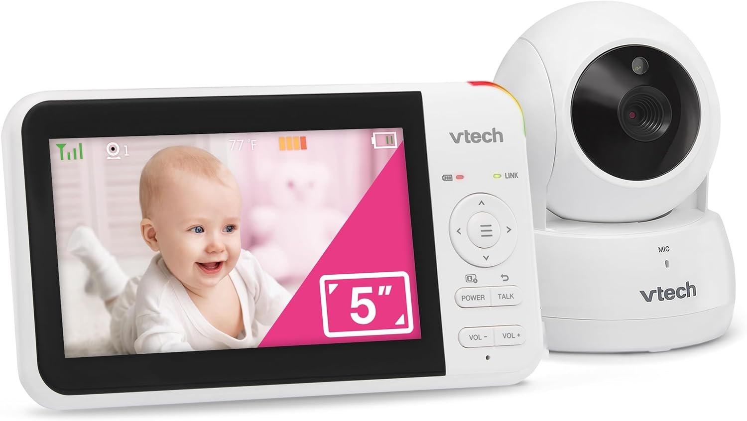 VTech Baby Monitor No WiFi with Camera and Audio, 5″ Screen & Remote Pan-Tilt-Zoom – 17Hr Battery, 1000ft Range, Night Vision, Two-Way Talk, White Noise, Secure & Hack-Proof | VM924