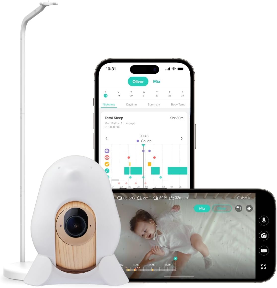 CuboAi New Model Smart Baby Monitor 3: Sleep Safety Alerts for Covered Face Rollover, 2.5K QHD Night Vision WiFi Camera, 2-Way Audio, Humidity Sensor, Lullabies. App Control (Floor Stand Set)