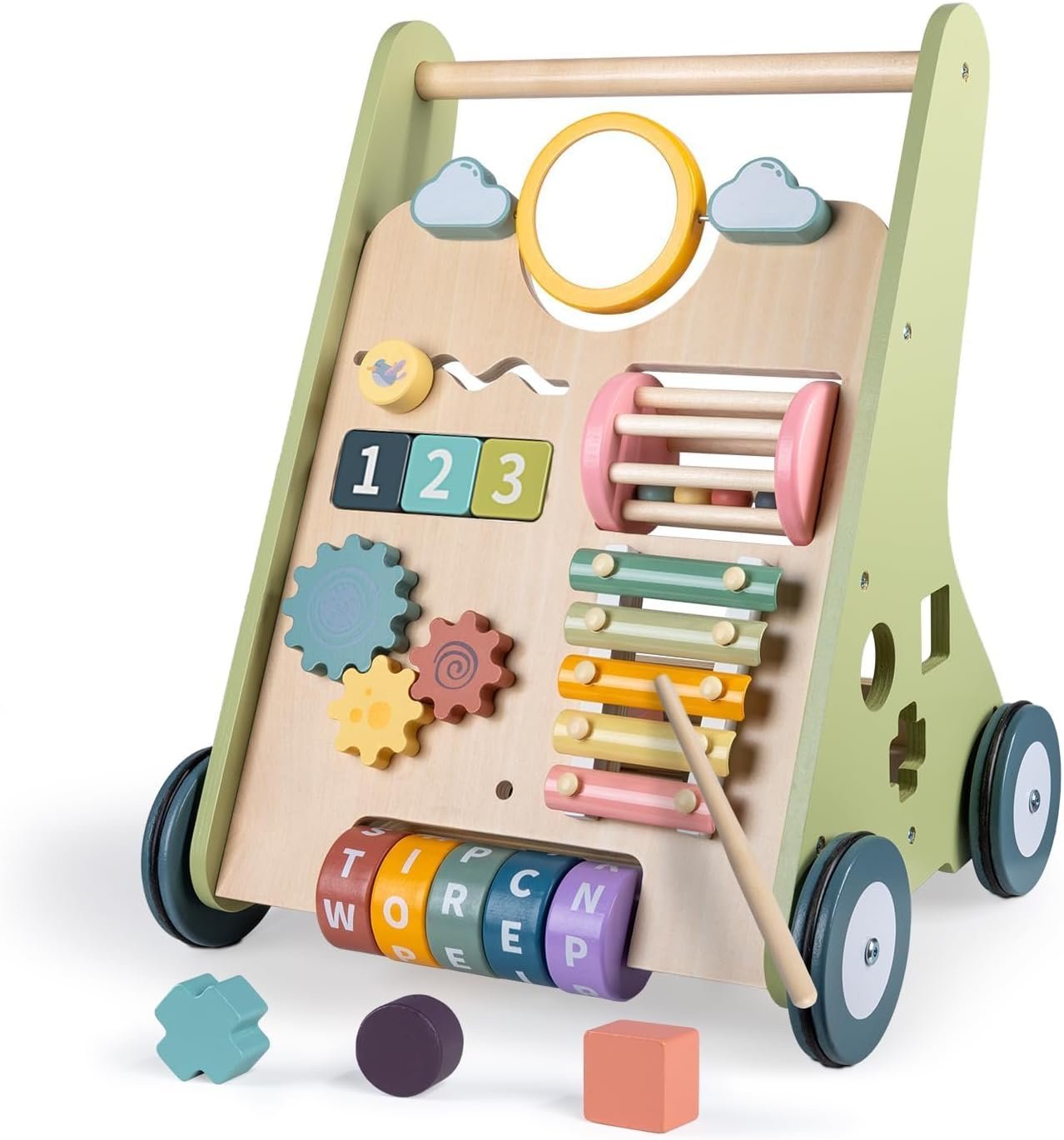 LOL-FUN Wooden Baby Walker with Wheels, Baby Walker for Boys 12 Months Push Toy, Montessori Walking Toys for 1 Year Old Activity Center