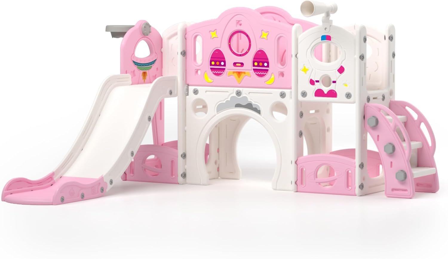 NYEEKOY 9 in 1 Toddler Slide and Climber Playset Freestanding Backyard Playground for Children Age 1-4, Indoor Outdoor Kids Slide with Basketball Hoop,Telescope, Ring-toss and Storage Space