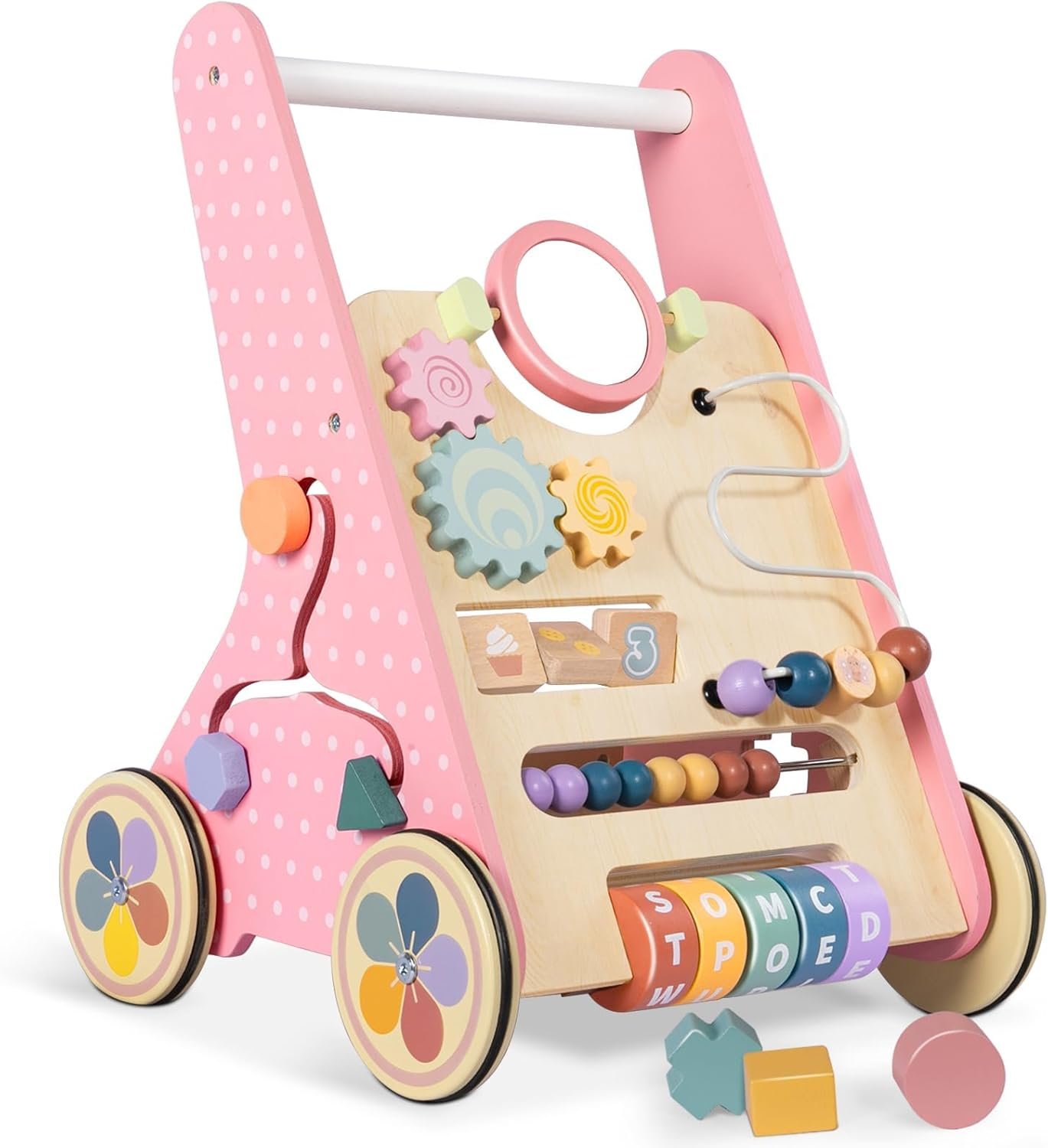 Wooden Baby Walker with Wheels, Baby Push Walkers for Girls 12 Months, Push Toys 1 Year Old Girl Small Size