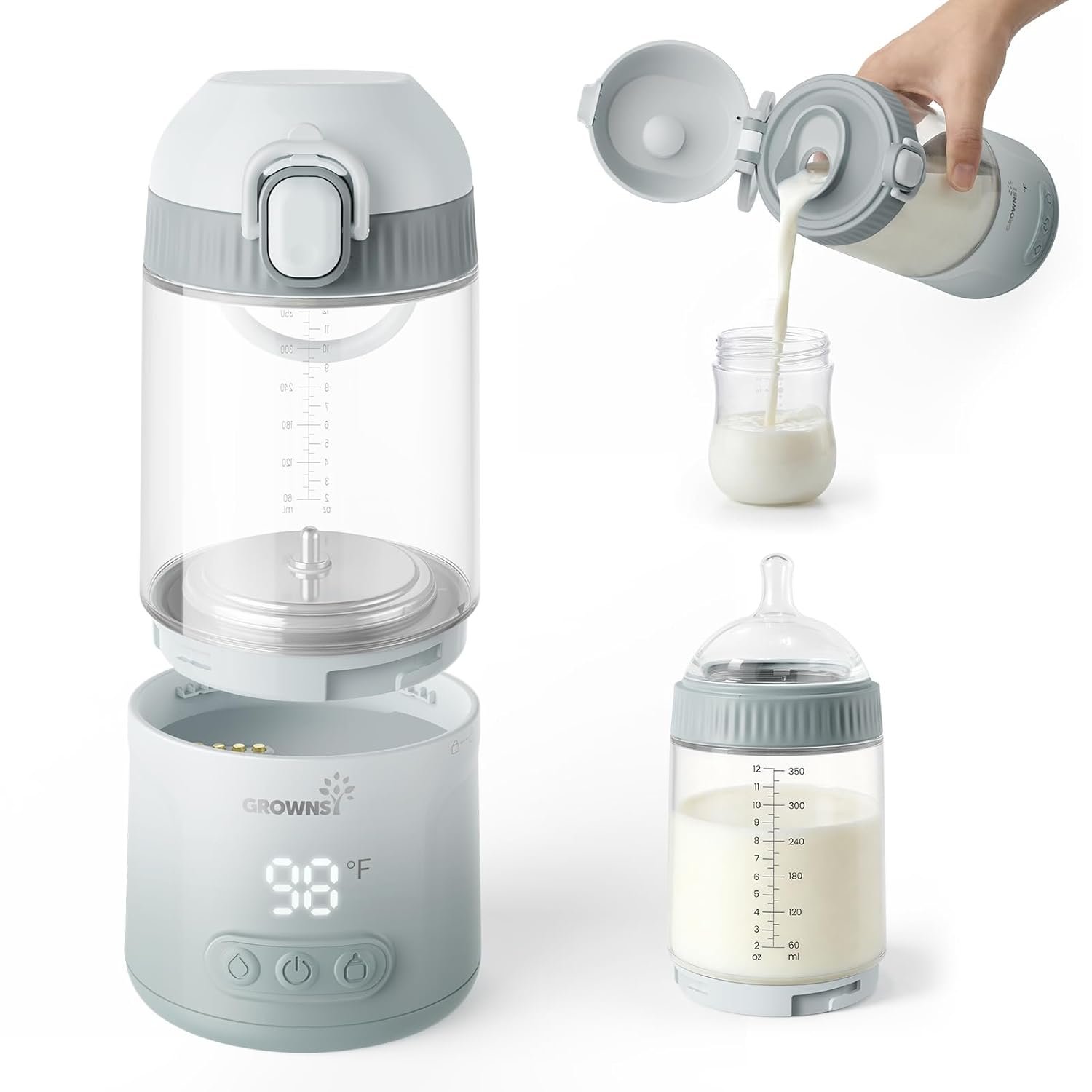 Grownsy Detachable Portable Bottle Warmer for Travel On the Go, All-in-One Milk Warmer with Nipple, Dual Heating Modes for Breastmilk & Formula, 2 Min Fast Heating, Long Battery Life (Green)