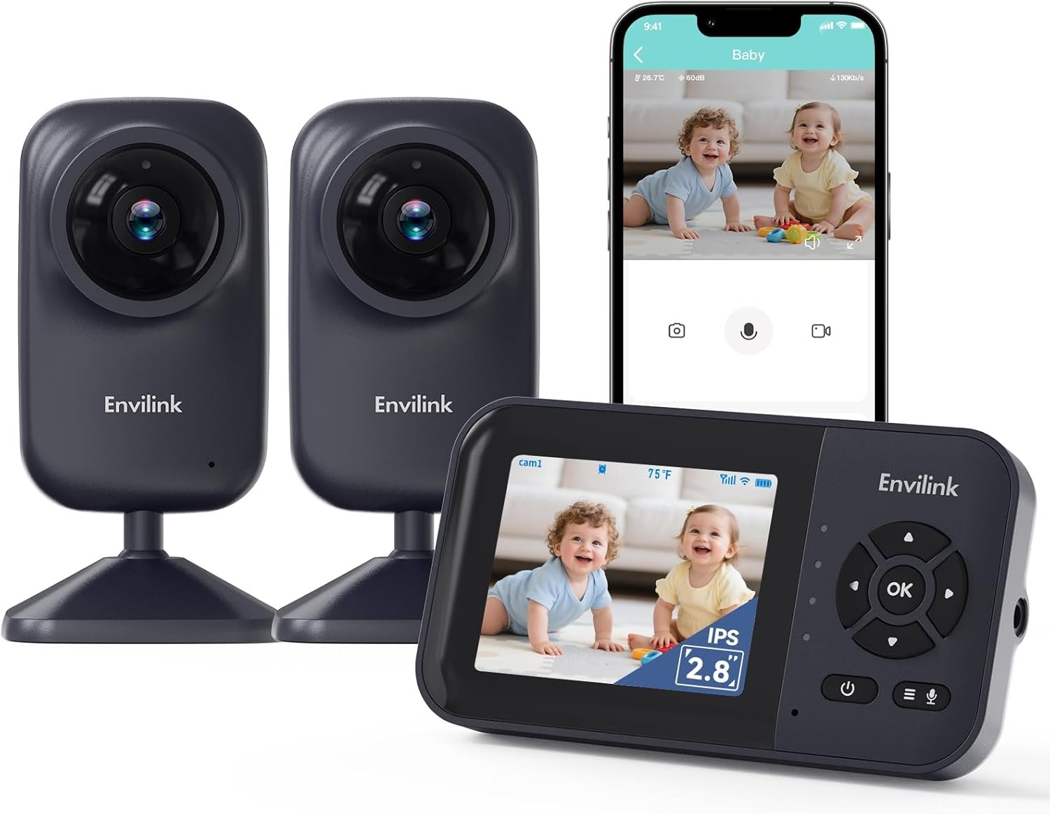 Video Baby Monitor with 2 Cameras, App Connectivity, 1200ft Range, Vox Mode, 2-Way Talk, Night Vision, Temperature Detection, Lullabies, Sound Detection, 2.8″ IPS Screen