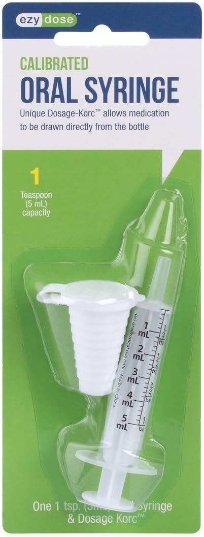Ezy Dose Kids Baby Oral Syringe & Dispenser Calibrated for Liquid Medicine, Reduce Mess and Spills, Easy Way to Orally Administer, Medication, 5 mL/1 TSP, Includes Bottle Adapter, Clear, BPA Free