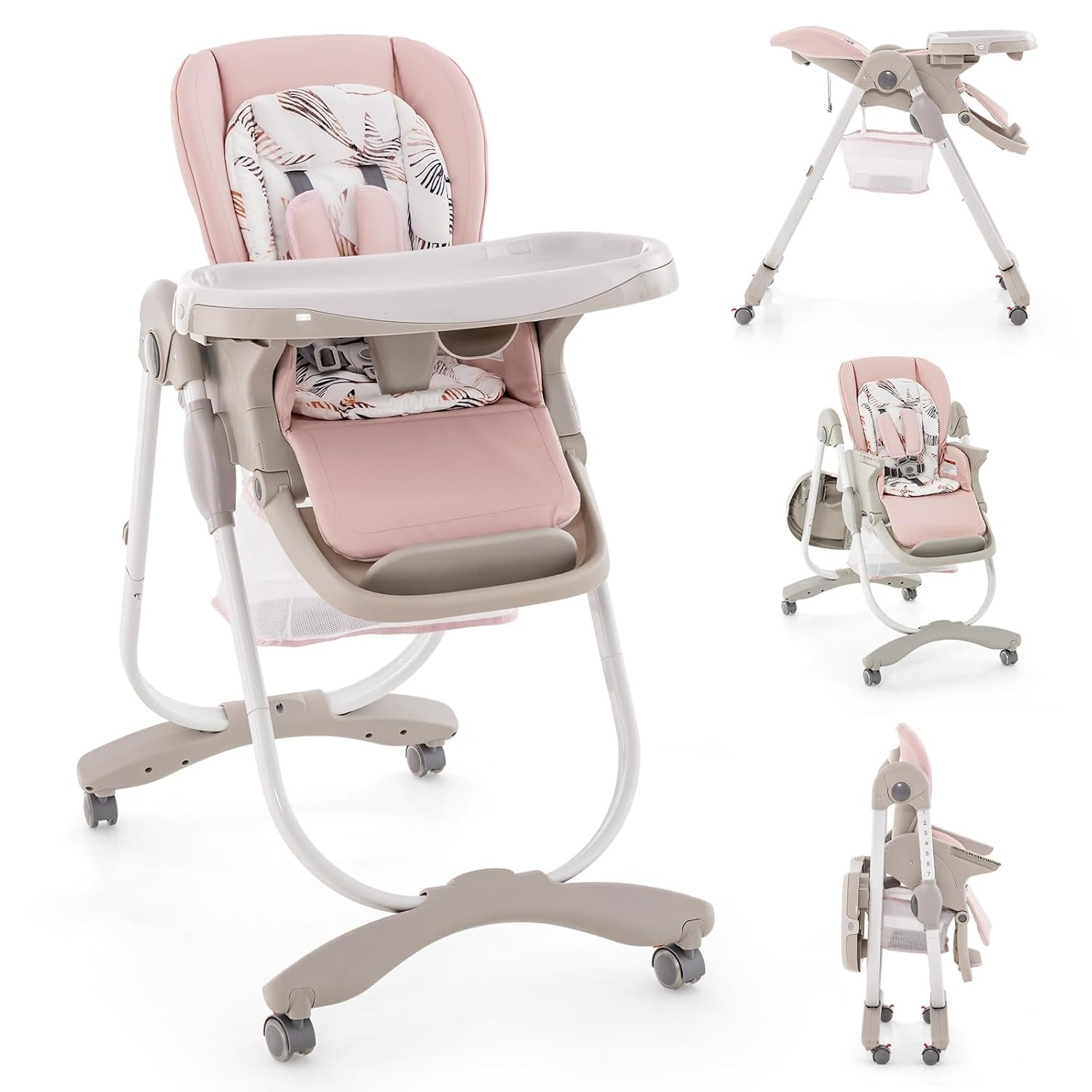BABY JOY High Chair, Foldable Baby High Chair with Adjustable Height, Recline & Footrest, Double Removable Tray, Storage Basket, Portable Chair with Wheels for Babies & Toddlers (Pink)