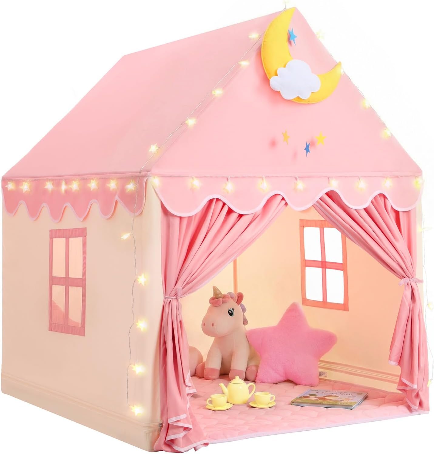 Kids Tent for Grils Indoor: with Mat, Star Lights – Pink Play Tents for Kids Indoor Playhouse – Princess Tent for Playroom Gift for Girls Birthday (Pink W/Cloth)