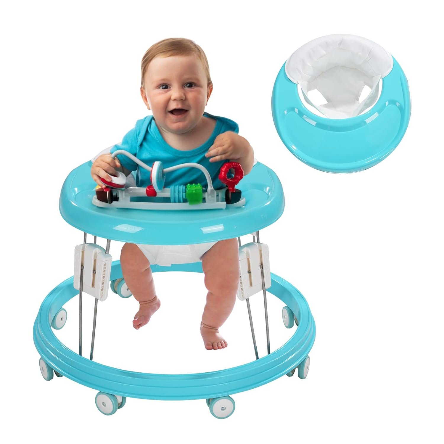 Adjustable Baby Walkers for Baby with Easy Clean Tray, Universal Wheeled Walker, Anti-Rollover Folding Walker for Girls Boys 6-18Months Toddler (Blue)