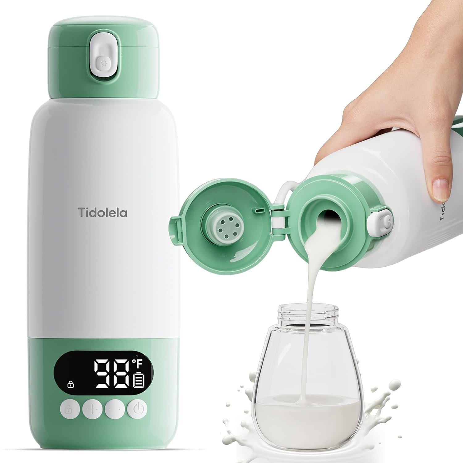 Portable Bottle Warmer for Travel, Fast Heating in 2 Mins, Dual Heating for Breastmilk & Water, Long Battery Life, 6 Temp Settings with Keep Warm, Built-in Sterilizer, 17oz (Green)