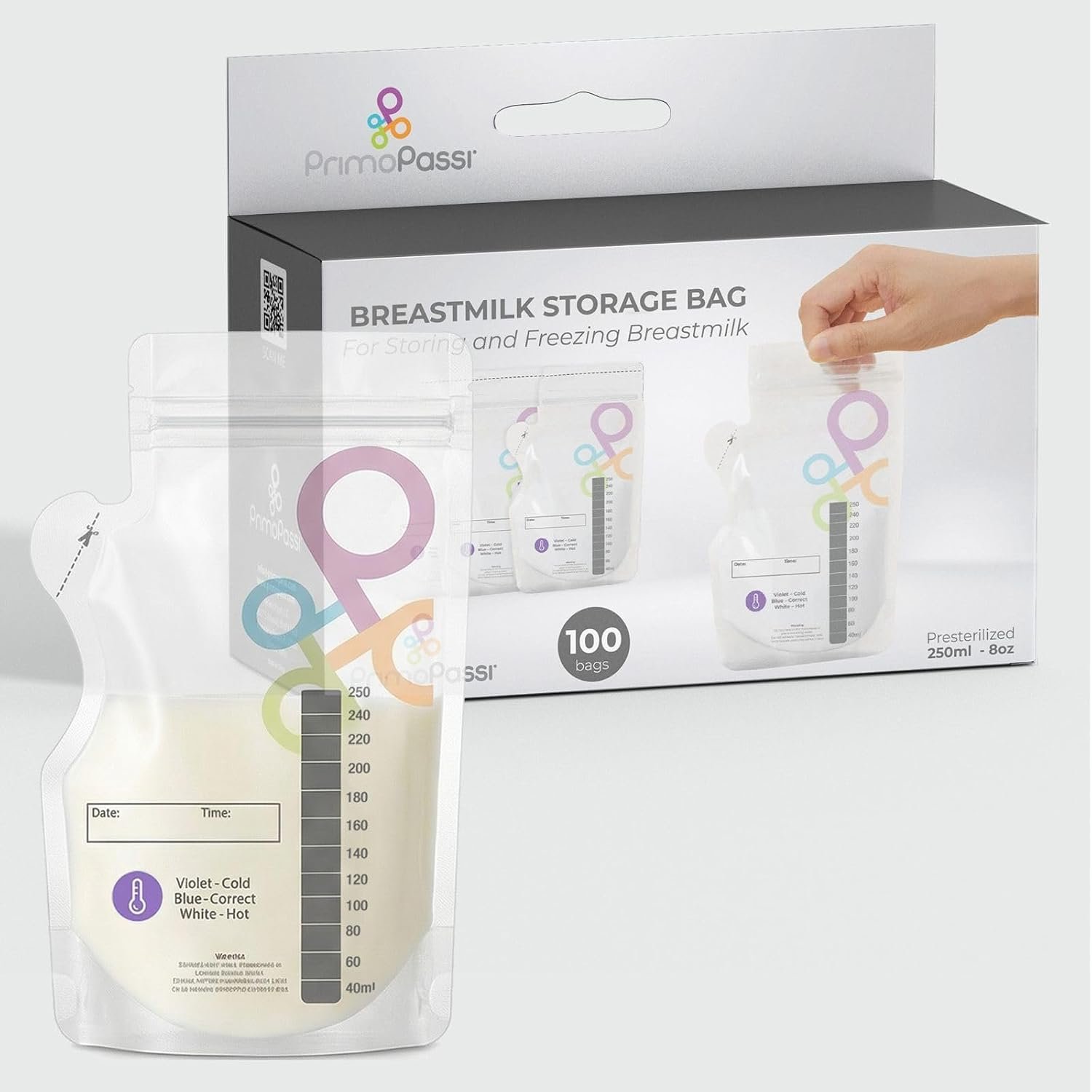 Primo Passi Breastmilk Storage Bags, 100 Count – Pre-Sterilized Leak-Proof Milk Freezer Bags, BPA Free, Double Zipper Seal, 250ml / 8oz for Breast Milk Storage