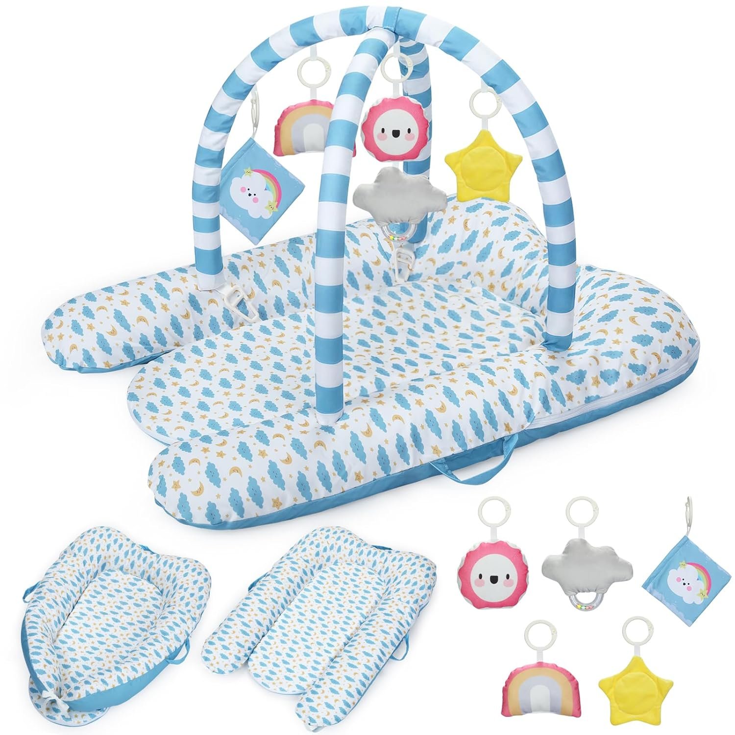 7-in-1 Baby Play Mat & Activity Gym, 0-12 Months Multi-Use Play Center with 5 Hanging Sensory Toys, Early Skill Building, Stars