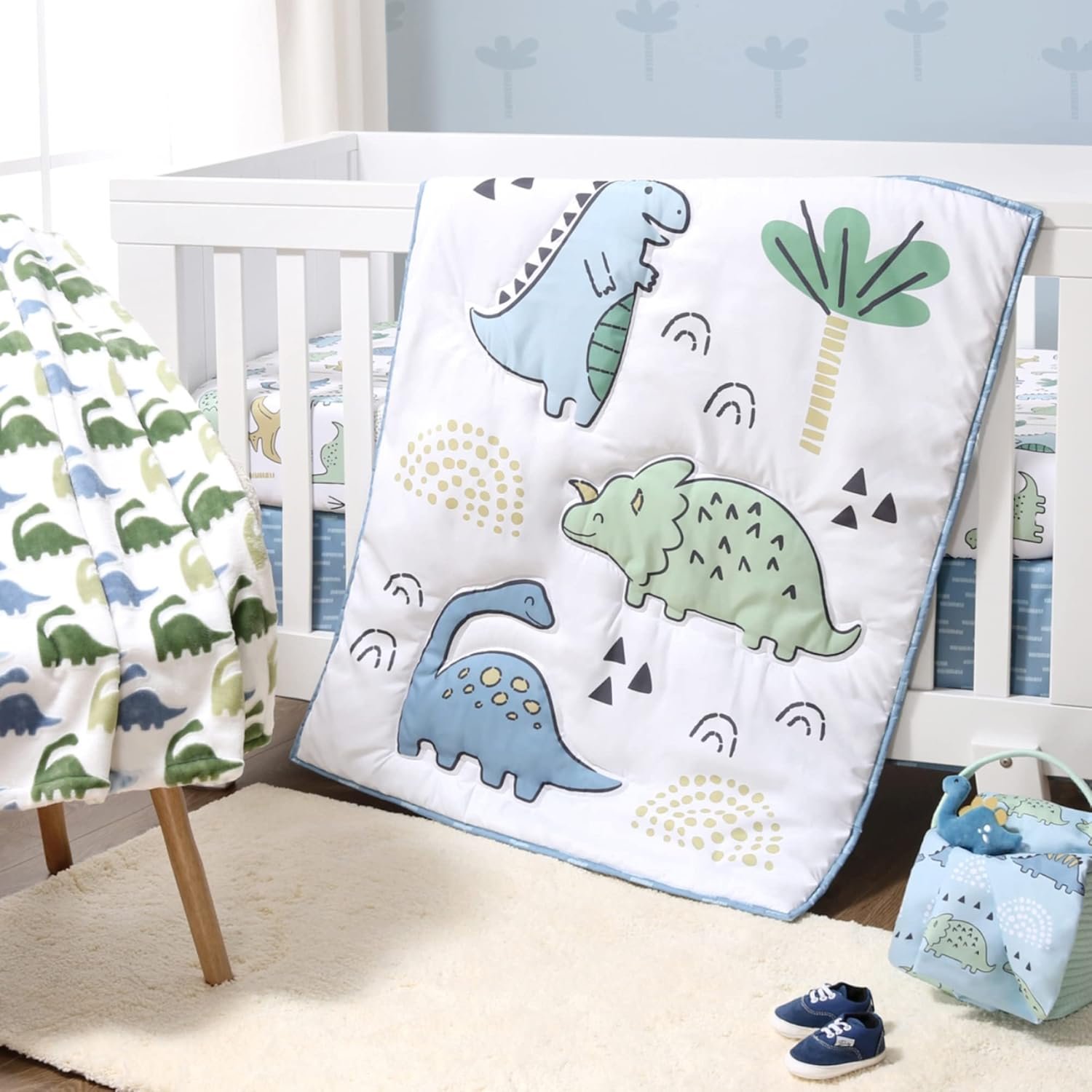 The Peanutshell 5 Piece Baby Crib Bedding Set for Boys – Newborn, Infant & Toddler Nursery Bed Set Decor with Fitted Crib Sheets, Blanket, Dust Ruffle Comforter – Blue Dino
