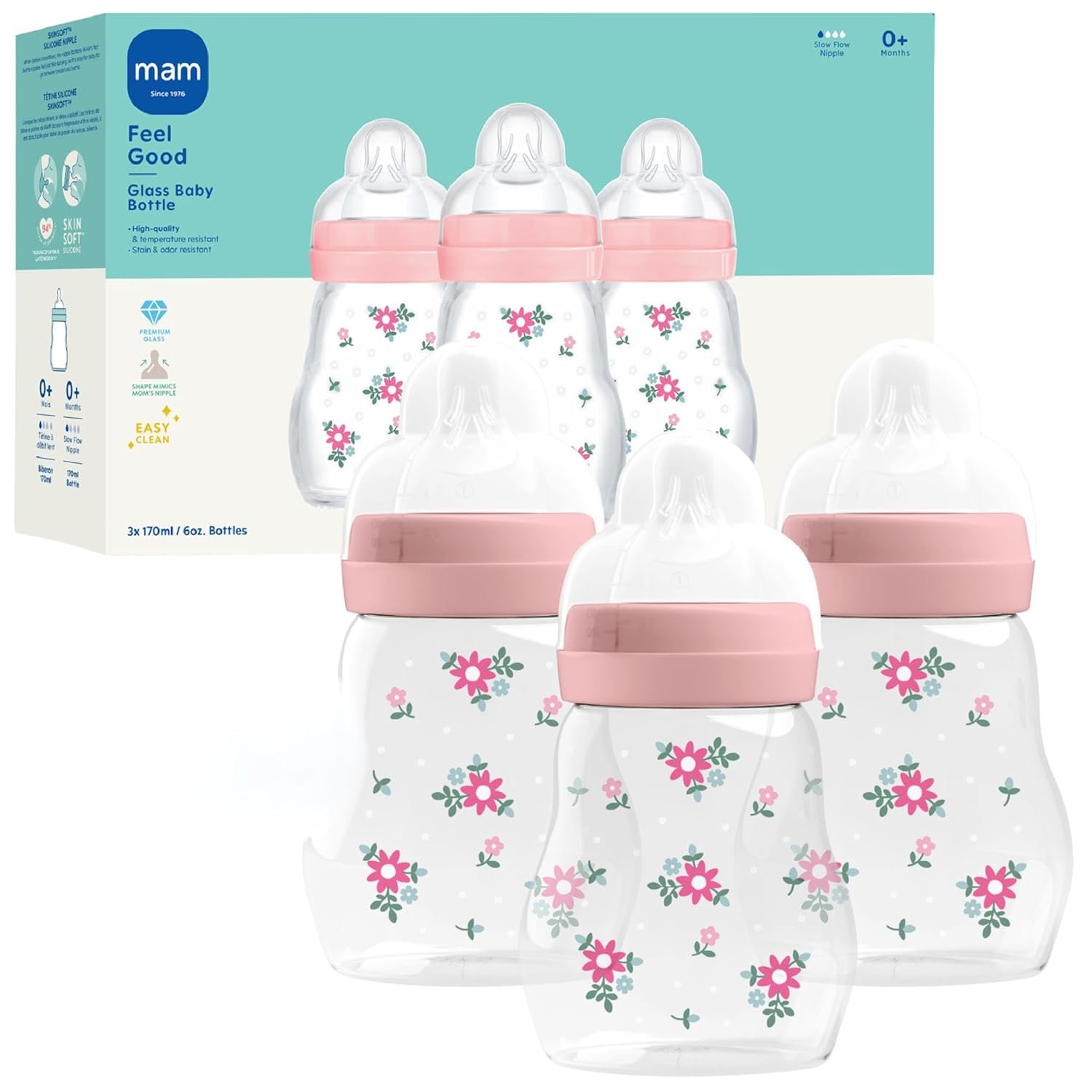 MAM 6oz Feel Good Pure Glass Anti-Colic Wide Neck Baby Bottle, Slow Flow Skin Soft Silicone Nipple, Easy to Clean, BPA Free, 0+ Months, Easy Switch Between Breast & Bottle, Made in Europe, 3 Pk, Girl