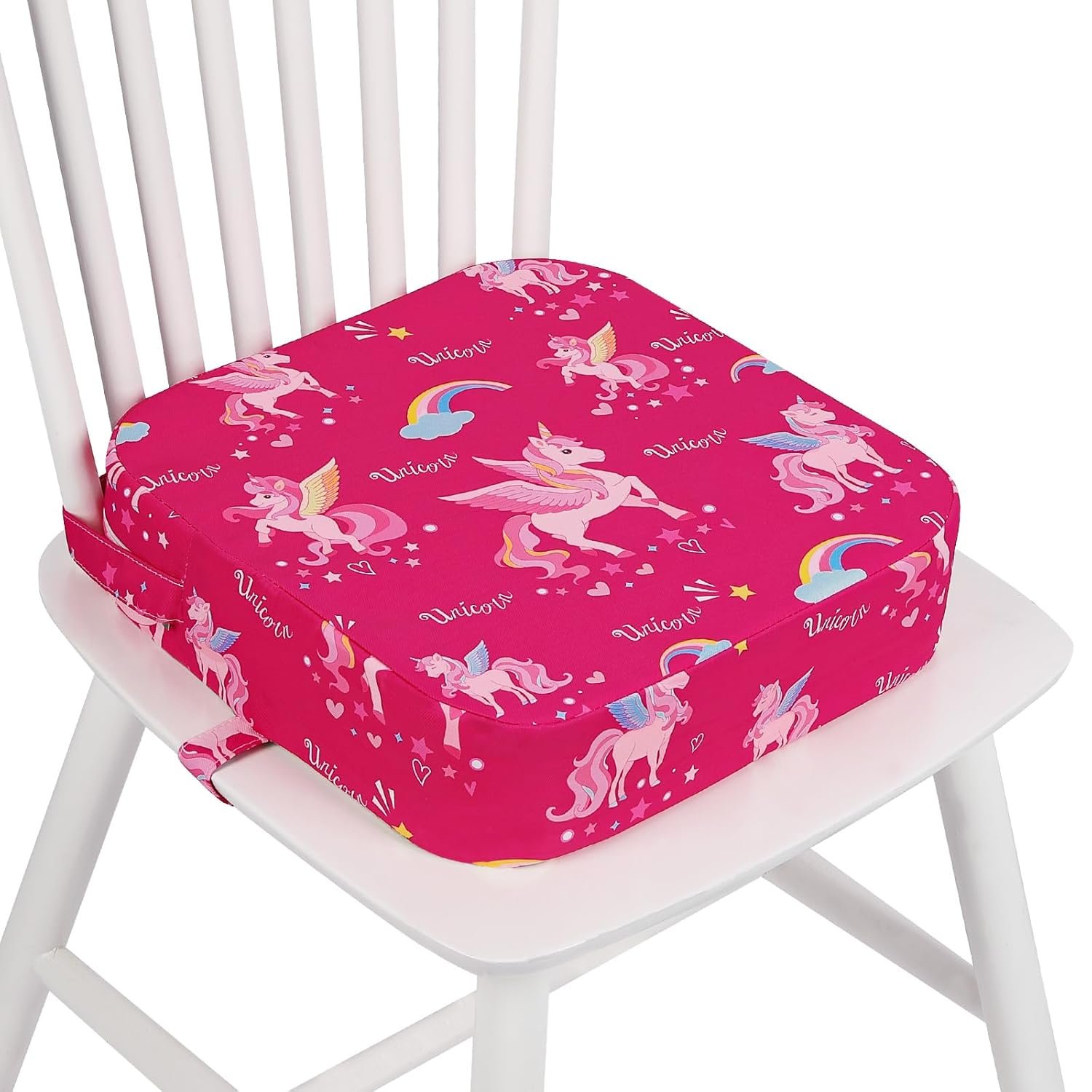Toddler Booster Seat for Dining Table, 4″ Kids Booster Seat for Kitchen Chair with Non-Slip Bottom, Portable Detachable Washable Increasing Cushion with 2 Adjustable Straps (Unicorn)