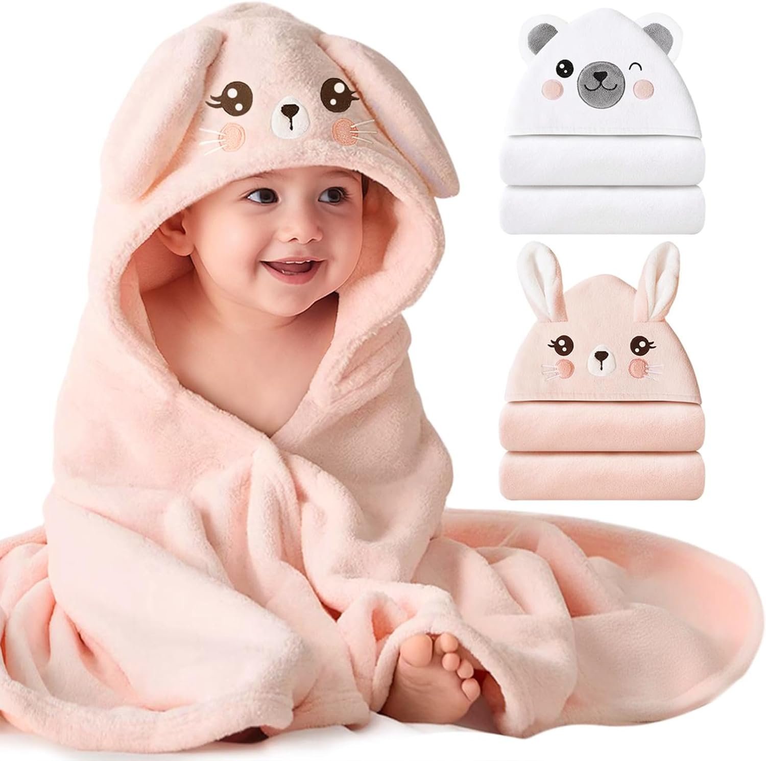 Konssy 2-Pack Hooded Baby Towels, 32″ × 32″ Soft & Absorbent Plush Fleece, Cute Animal Hood, Baby Bath Towels for Newborns & Toddlers, Boys & Girls