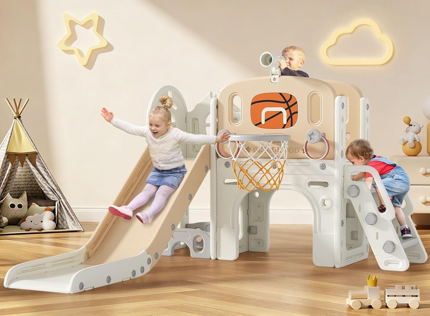 BIERUM 9 in 1 Toddler Slide, Baby Slide for Toddlers Age 1-3 with Ring Toss, Basketball Hoop and Telescope, Indoor Outdoor Playset Playground Beige Coffee