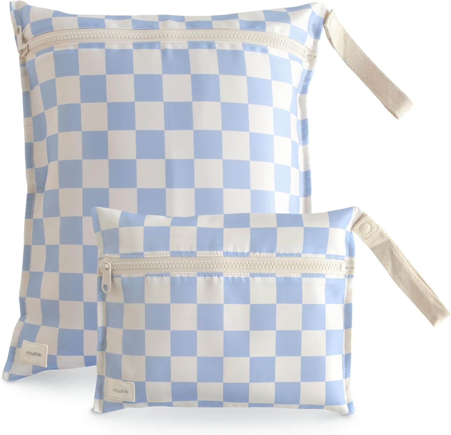 mushie Water Resistant Wet Bags | Large & Small Reusable Storage Bag for Baby Items and Travel | Zippered Pockets with Handle | Machine Washable, Set of 2 (Blue Check)