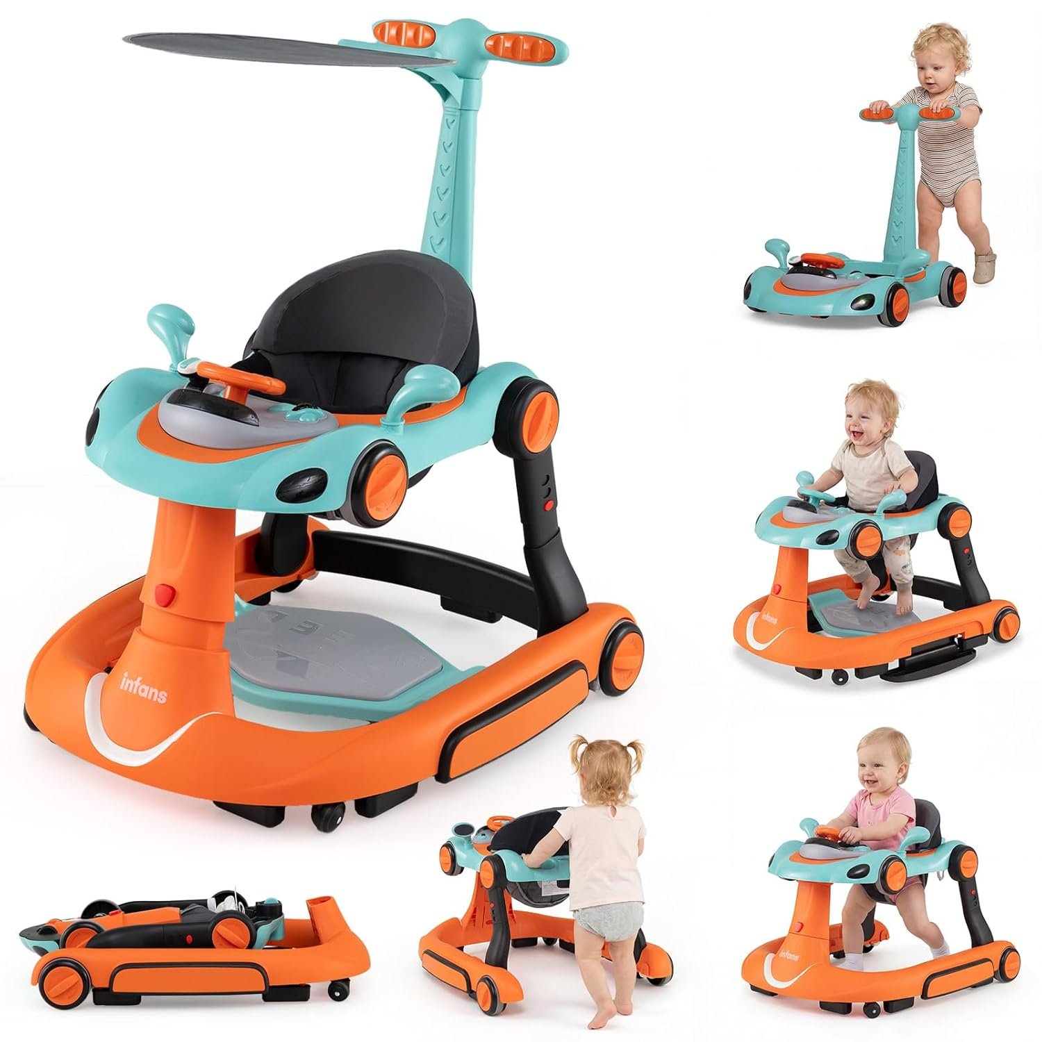 INFANS 6-in-1 Foldable Baby Walker, Converts Push Car to Bouncer, Rocker with Music, Lights, Adjustable Height & Speed, Activity Center, Canopy for 7-18 Months (Orange)