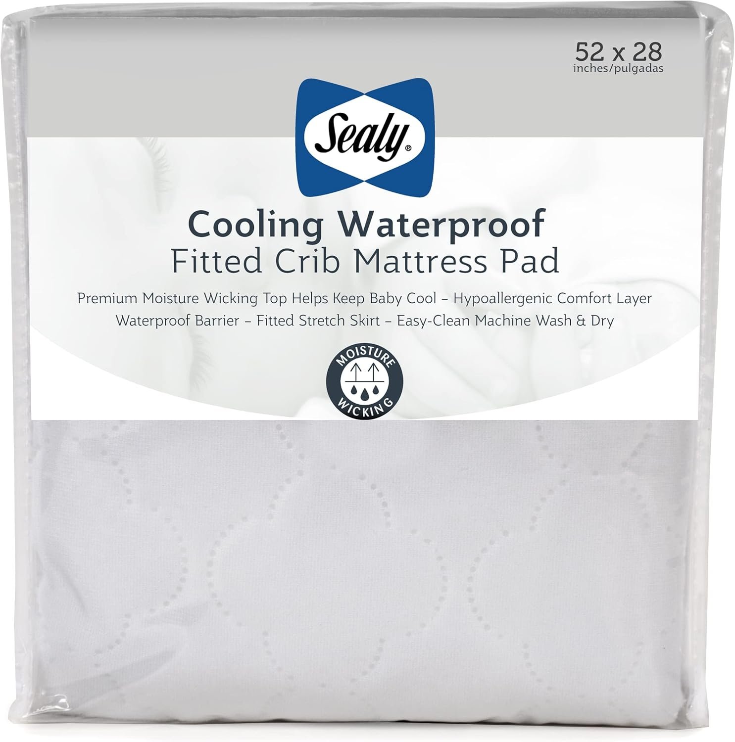 Sealy Baby Cooling Moisture Wicking Crib Mattress Protector Pad and Toddler Bed Cover, Fitted Waterproof Infant Durable and Comfortable Topper, Machine Washable & Dryer Friendly, 52×28”- White