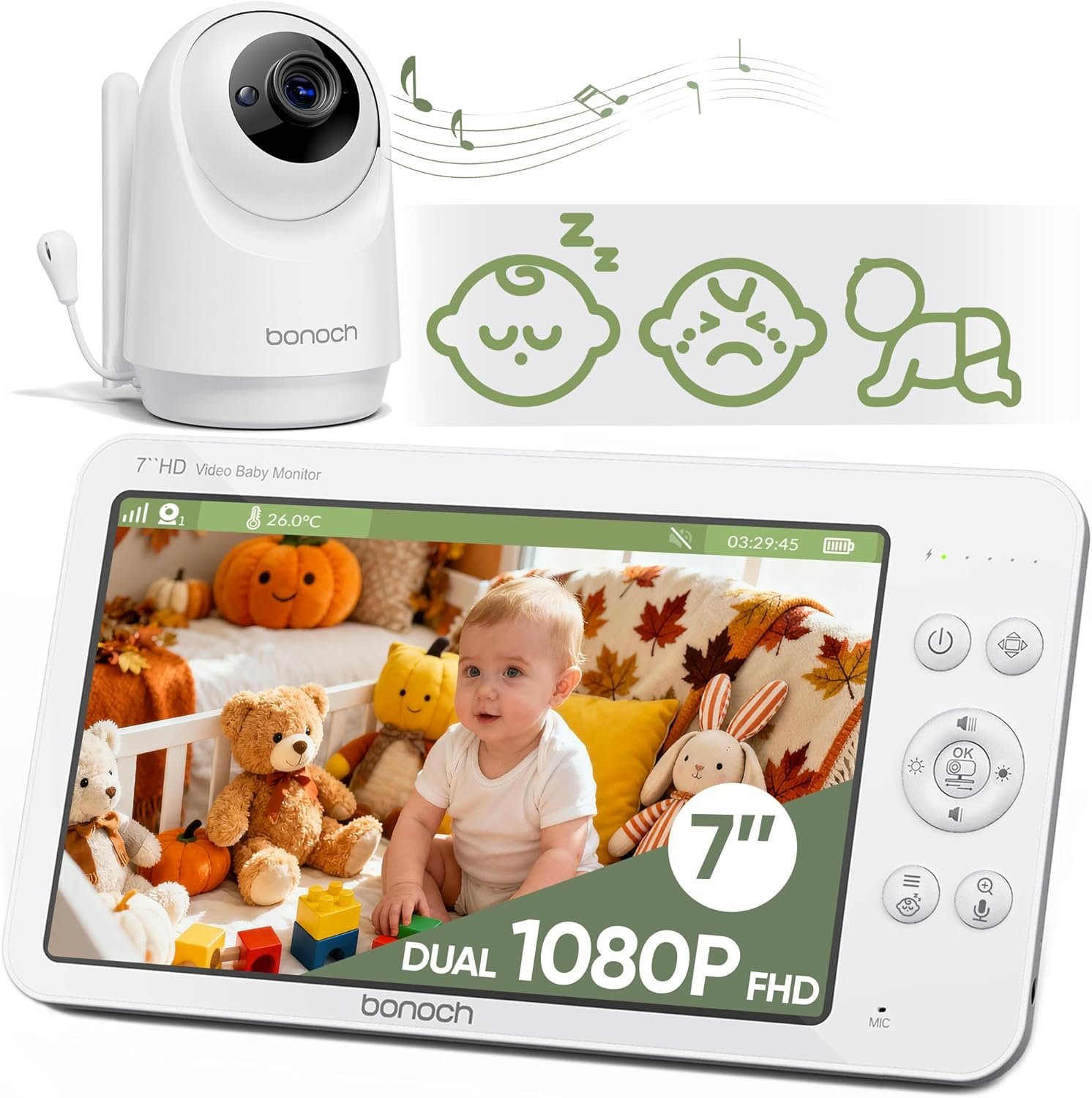 bonoch 2026 Upgraded 7″ 1080P Baby Monitor No WiFi (V2.0), Sleep/Crying/Motion Detection, MegaView Video Monitor with Camera and Audio, 6000mAh Battery, VOX Mode, Night Vision, Hack Proof, White Noise