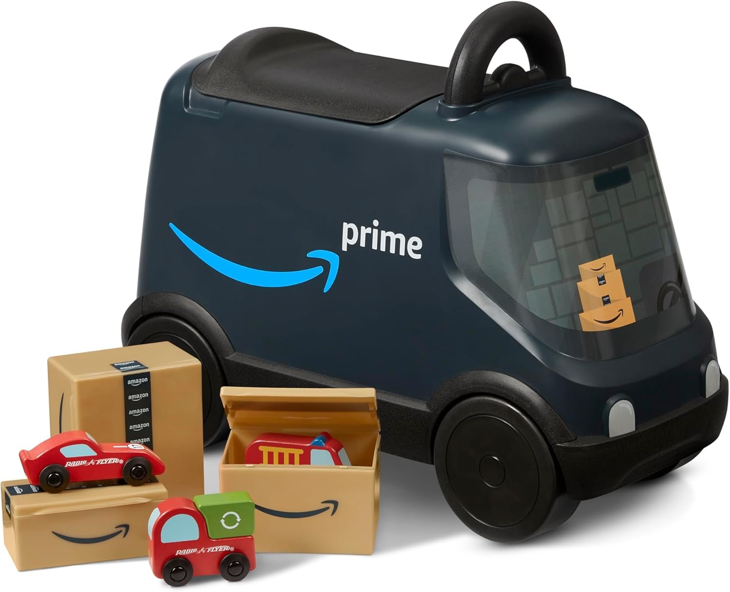 Radio Flyer Amazon Delivery Van, for Ages 2+, Ride and Deliver Truck for Kids, Under Seat Storage, Ergonomic Seat, Includes 3 Mini Boxes & 3 Wooden Toys, Toddler Ride On Toys, Amazon Exclusive