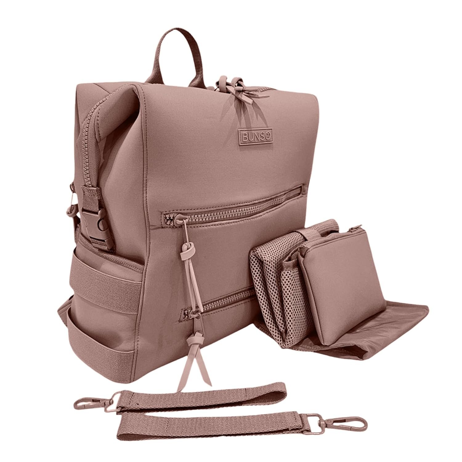 BUNSO Baby Neoprene Diaper Bag, Minimalist Backpack Diaper Bag with Pouch, Changing Pad, and Stroller Straps, Water Resistant and Lightweight Baby Girl Diaper Bag, Diaper Bag Backpack, Mauve