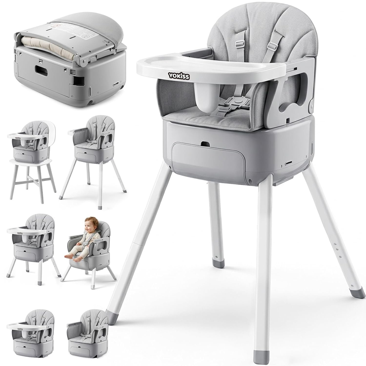 7 in 1 Convertible Baby HighChair for Babies and Toddlers,Adjustable Legs & Tray, Safe, Skin-Friendly Seat Cushion, Non-Slip & Stable, Supports up to 15kg Grey