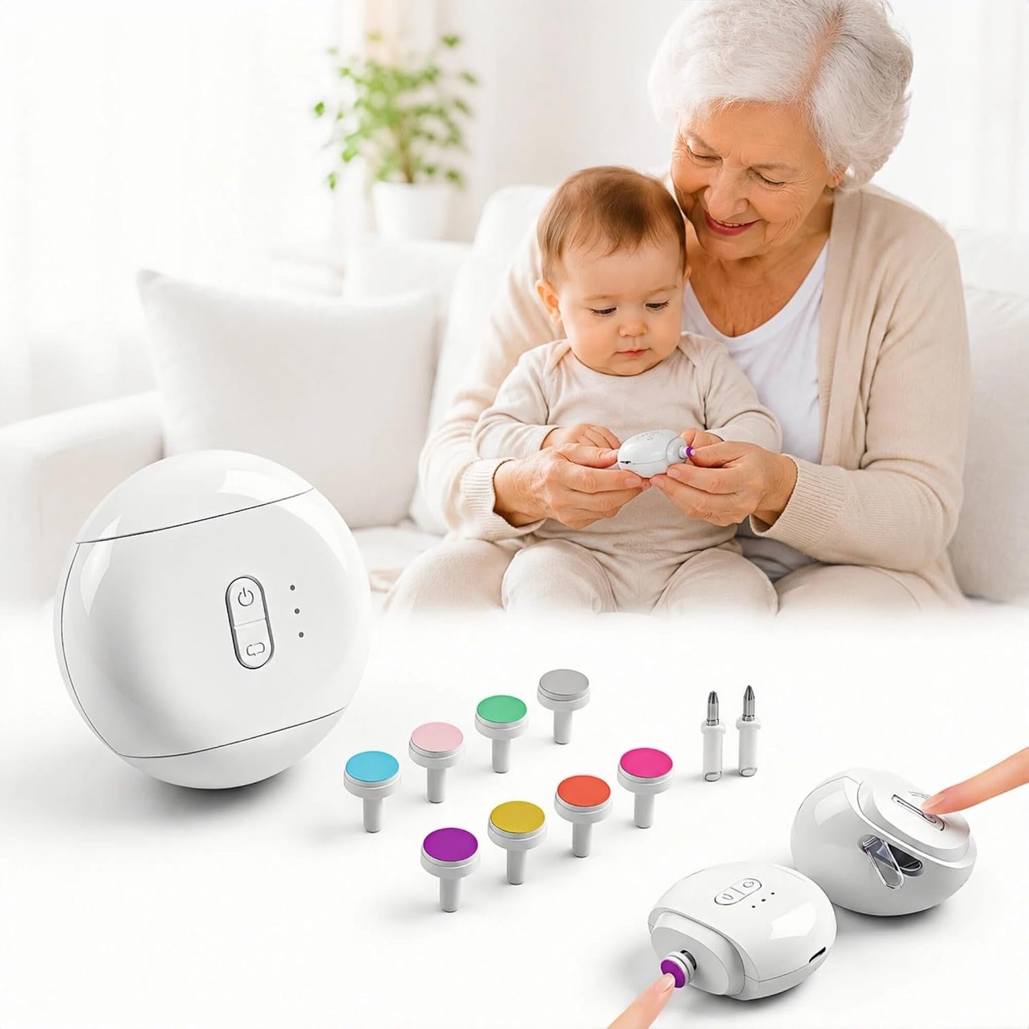 Electric Nail File & Trimmer for Seniors & Babies – Rechargeable, Quiet, LED Light, Built-in Storage, Multiple Speeds, Polishing Head