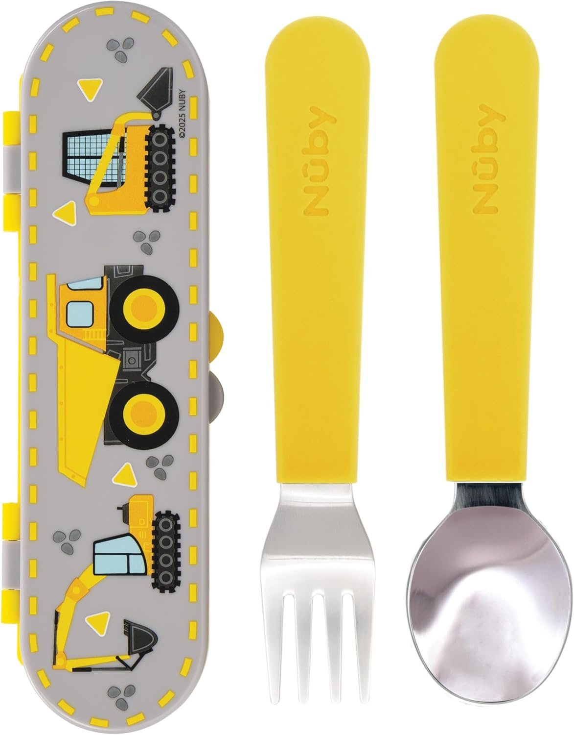 Nuby Stainless Steel Toddler Utensils with Travel Case – Self-Feeding Fork & Spoon Set for Kids – Easy-to-Hold Training Utensils – Rounded Safe Edges for Self-Feeding – Construction Zone