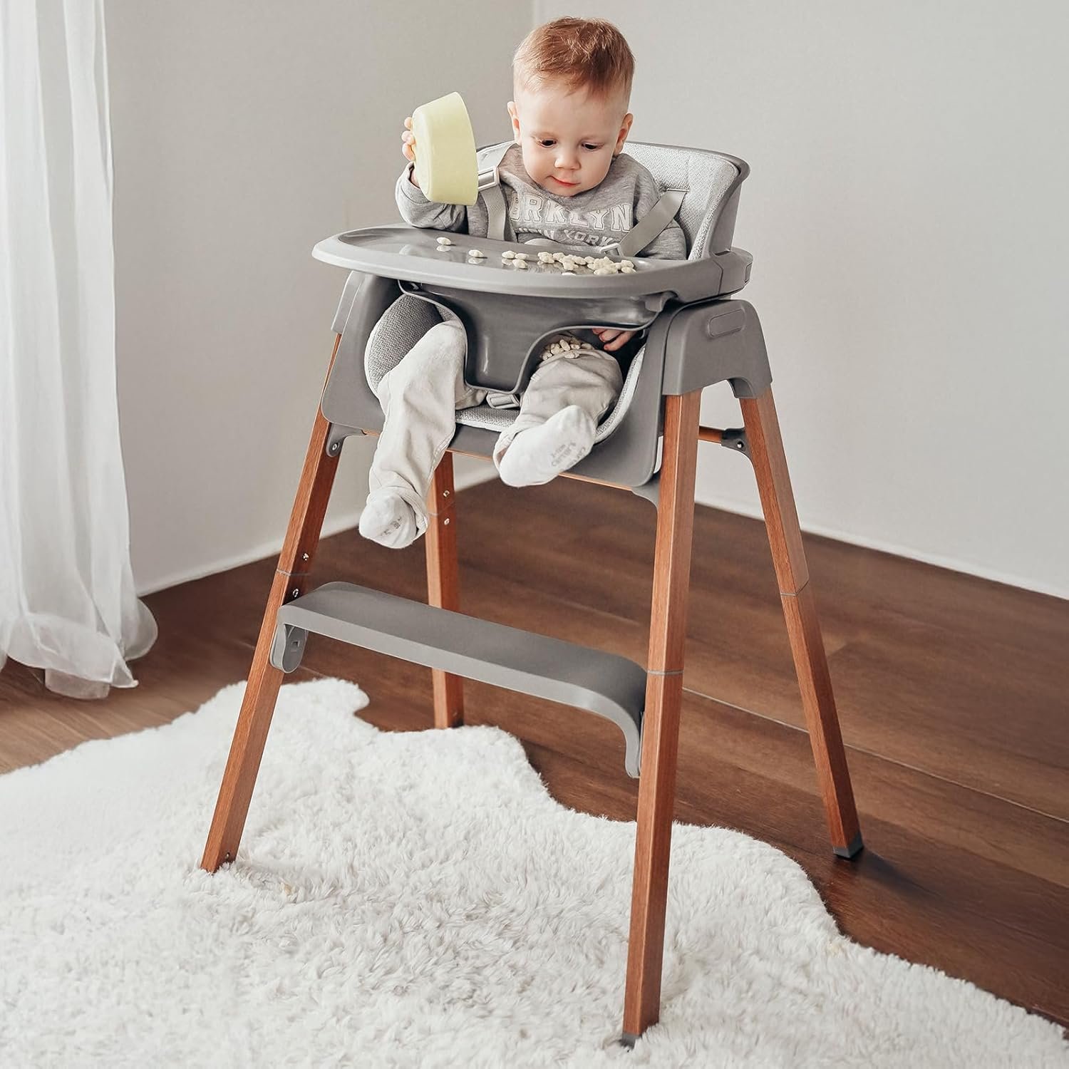Fodoss Baby High Chair, 4-in-1 Foldable Design, Sturdy Wood Grain, Removable Dishwasher Safe Tray, 5-Point Harness, Easy Clean, Light Gray