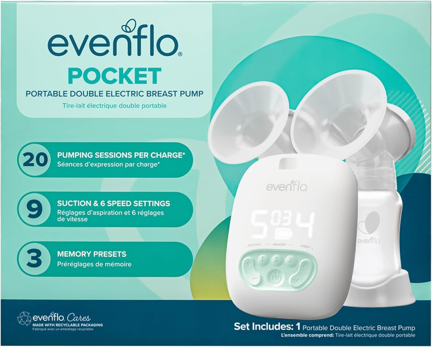 Evenflo Pocket Portable Double Electric Breast Pump, White, 20 Pumping Sessions per Charge, 9 Suction Settings, 3 Memory Presets