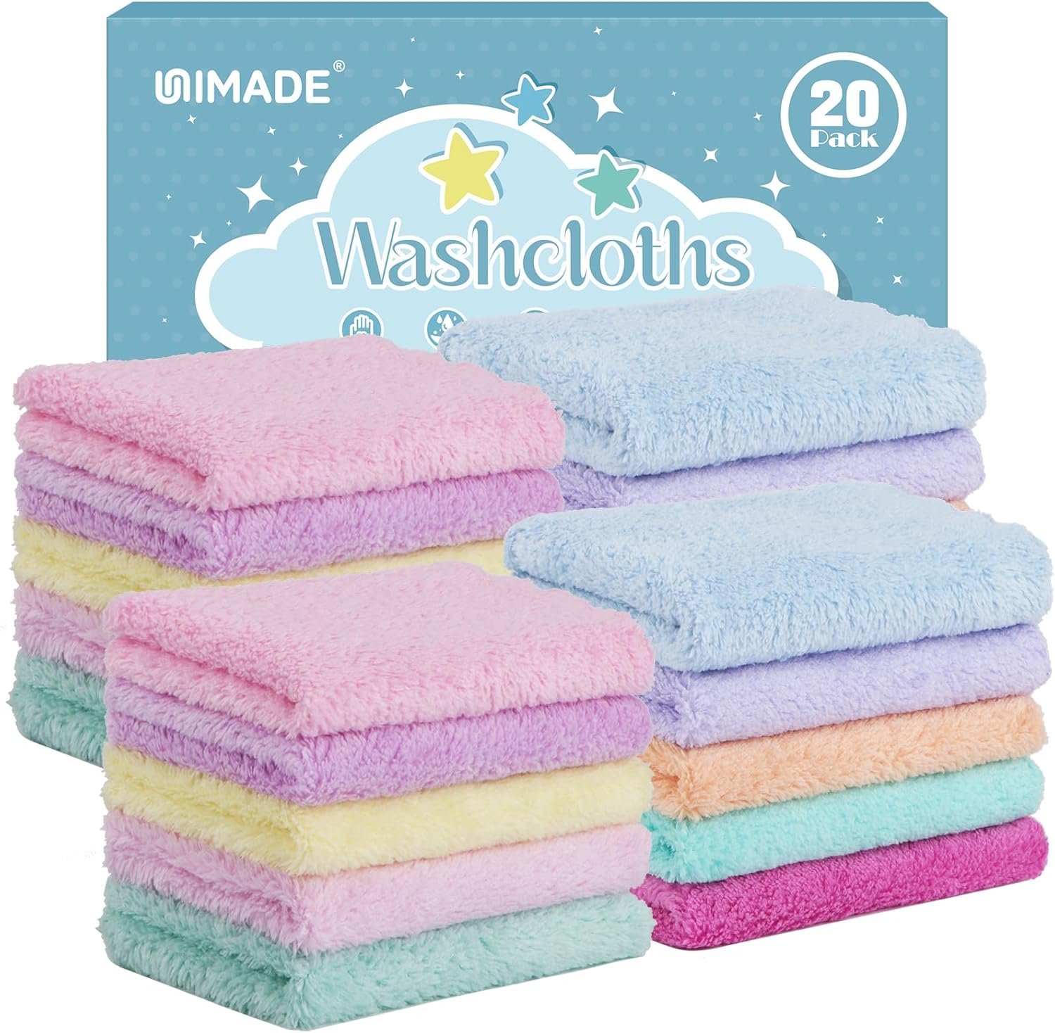 UNIMADE Baby Washcloths, 20 Pack Super Soft Microfiber Coral Fleece Wash Cloths, Extra Absorbent Baby Towels for Newborns, Infants and Toddlers, Gentle on Sensitive Skin for Face and Body – 7″ × 9″
