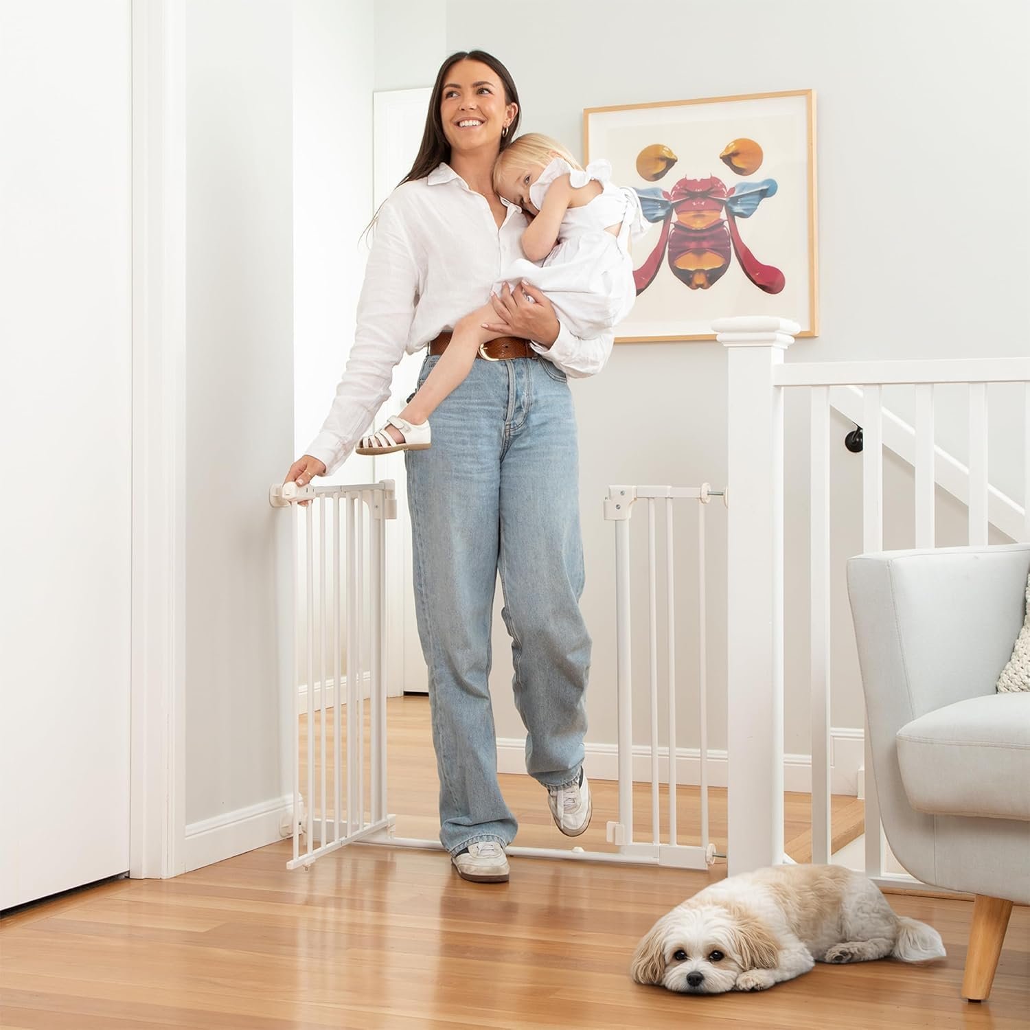 Perma Child Safety Safe Step Baby Gate for Stairs & Doorways, Rental Safe, 2-Minute Easy Install Pressure Mounted Gate, 28.8–40.1″ Wide x 30″ Tall, Auto Close, Stay Open, Ultra-Low Bar, White
