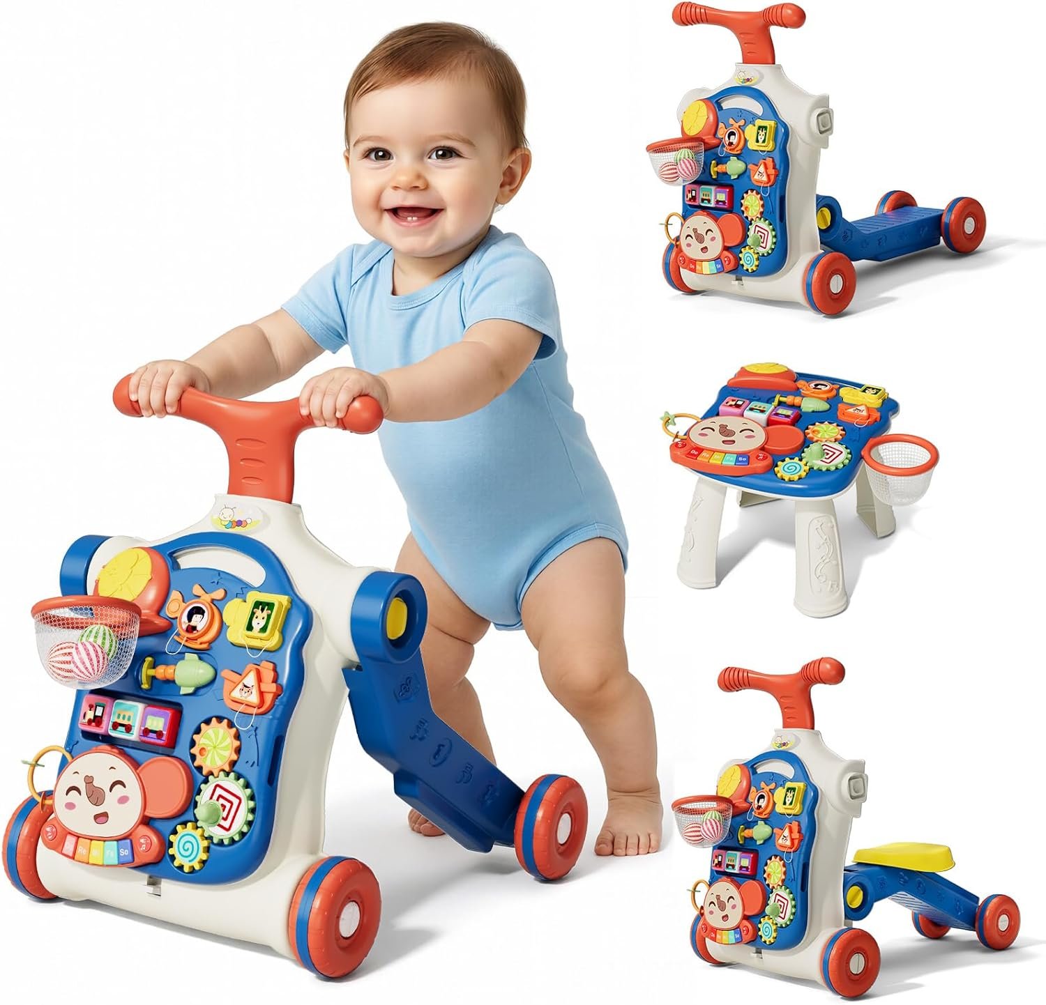 QDRAGON 5 in 1 Push Walkers for Baby Boys, Toddler Learning to Walk, Sit to Stand Walker, Early Learning Push Toy for Infant 12+ Months, Navy Blue