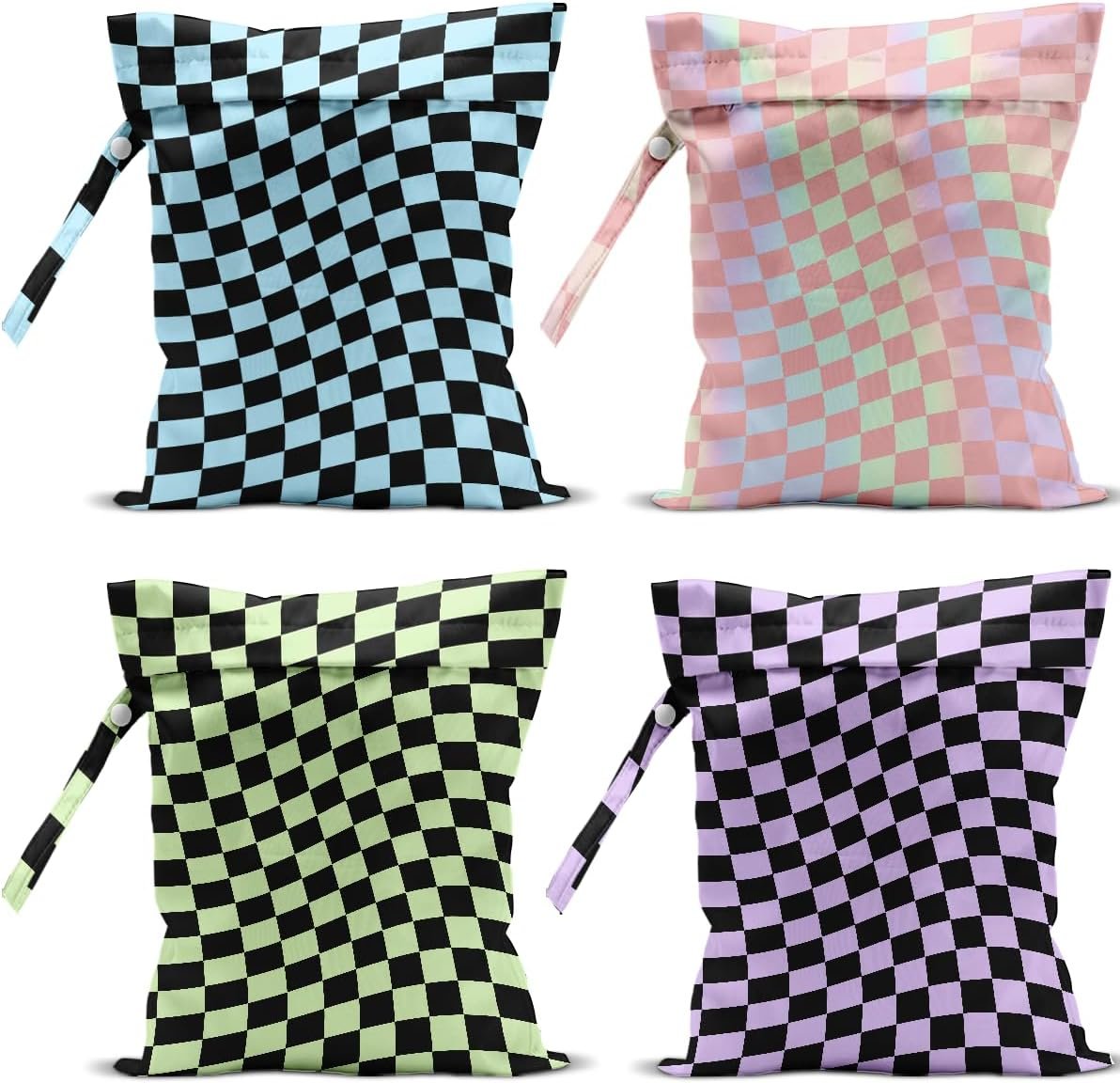 4 Pack Multicolor Checkered Wet Bag Waterproof Washable Reusable Wet Dry Bag for Swimsuit Clothes Cloth Diaper Travel Beach Pool Yoga Gym Toiletries Gift for Women Sister Bestie Birthday Christmas