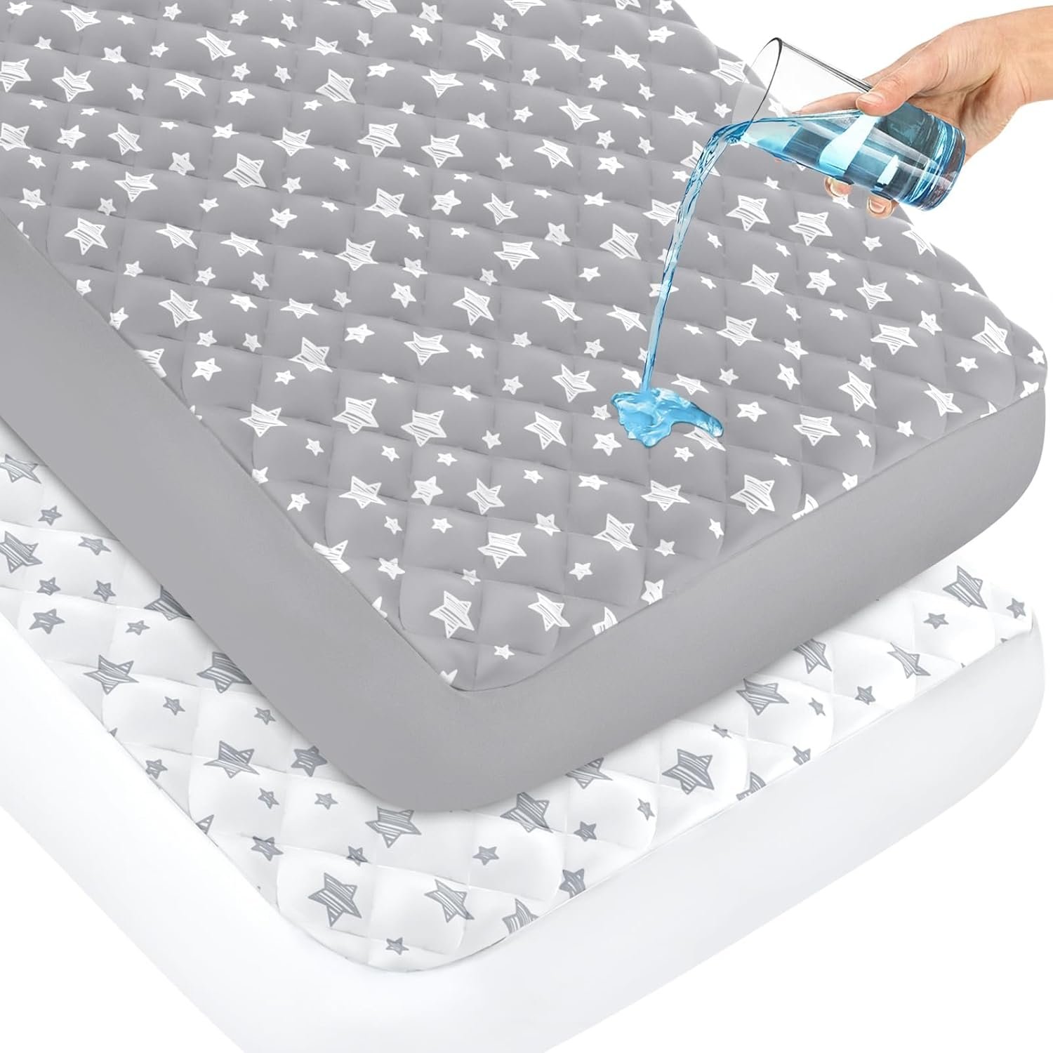 Crib Mattress Protector Waterproof 2 Pack, Quilted Crib Mattress Pad Cover 52″ x 28″ Extra Soft Breathable Toddler Bed Cover Stretch Up to 8″, Grey & White Star