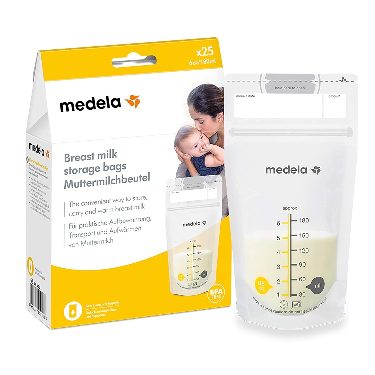Medela Set of 180 ml Breast Milk Storage Bags – Pack of 25 BPA-Free Breast Milk Collection Pouches with Double Zip, Quick Freeze and thaw