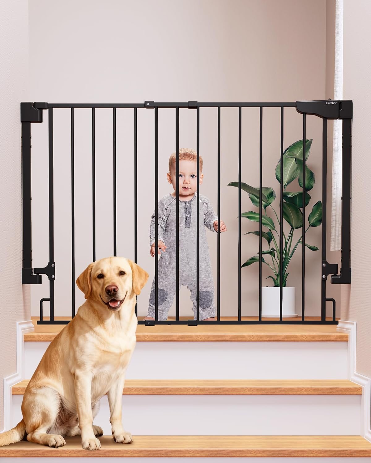 Cumbor 29.2–43″ Baby Gate for Stairs, Hardware Mounted (Drill Required), Expandable No Bottom Bar Dog Gate, Auto Close Extra Wide Walk Thru, Pet & Toddler Proof Gate, Top & Bottom of Stairways(Black)