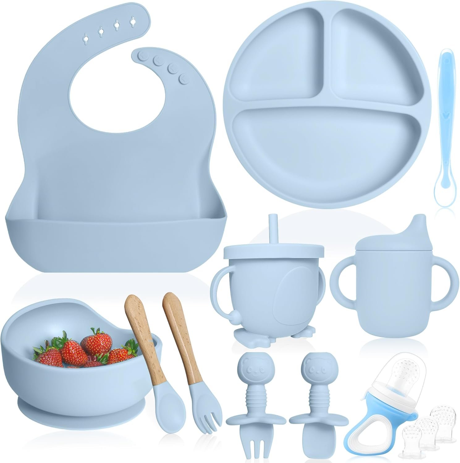 Bluet B- Silicone Baby Feeding Set with Pacifier – Baby Led Weaning Supplies – Baby Spoons, Suction Bowl – Plate – Baby Utensils Set – Silicone Feeding Set for Baby First Foods -11pcs – Light Blue