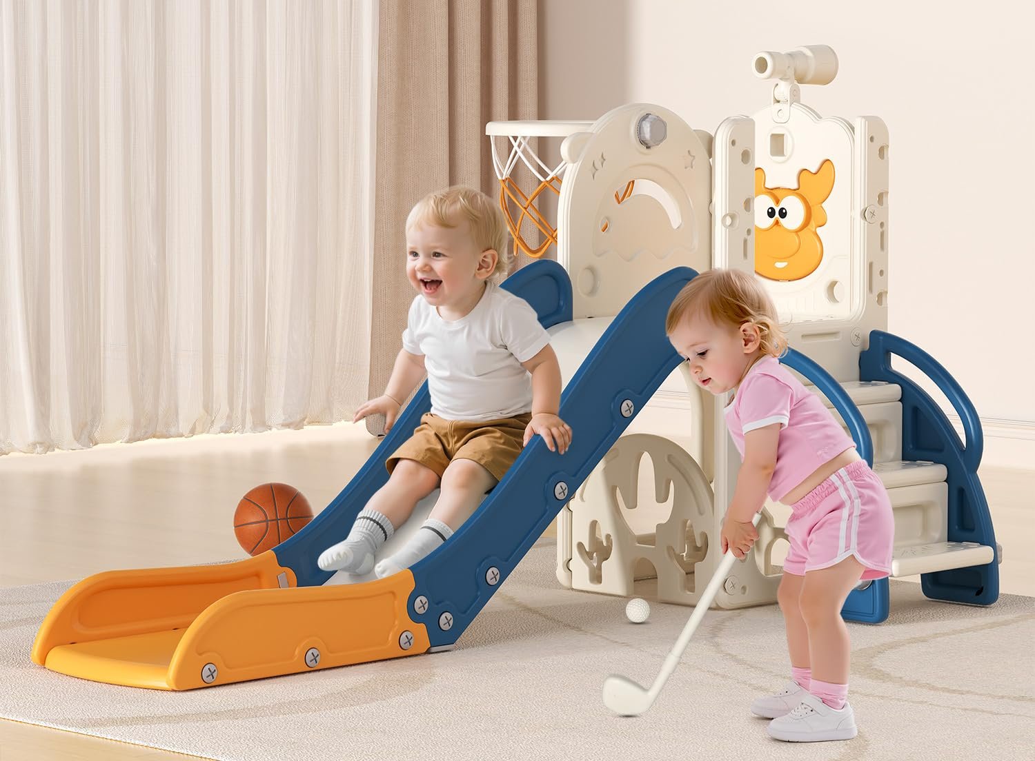 BIERUM Toddler Slide for Kids,6-in-1 Indoor Outdoor Toddler Slides Playground with Basketball Hoop, Golf Game & Telescope, L-Shaped Baby Slide Climber Playset, Blue&Yellow