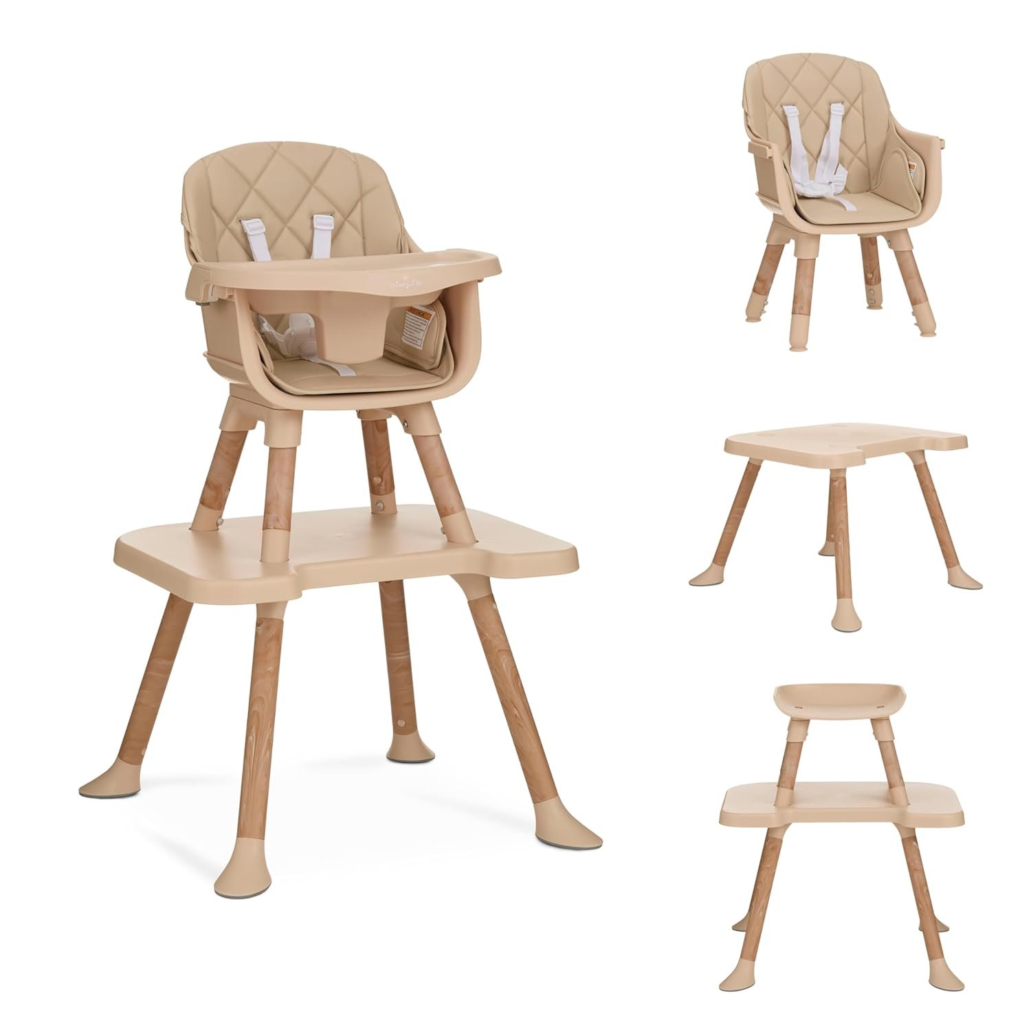 Dream On Me Luna 4-in-1 Convertible High Chair – Transforms into a Booster & Toddler Seat, Then into a Toddler Chair & Table, 5-Point Safety Harness, Adjustable Tray, Anti-Skid Padded Feet – Beige