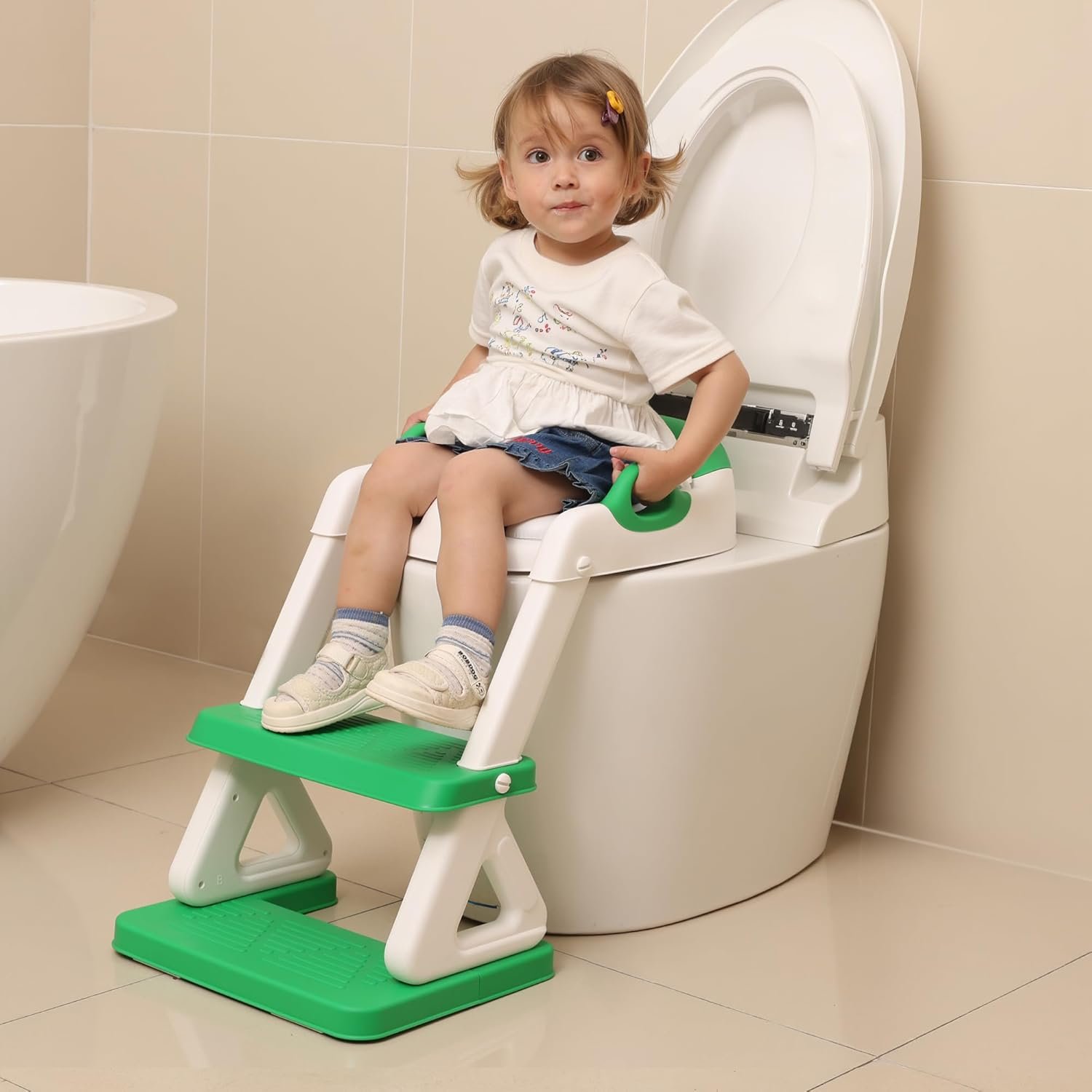 Potty Training Seat – Toddlers Potty Training Toilet with Step Stool Ladder, Toddler Toilet Seat for Kids Boys Girls, Upgrade Training Ladder with Anti-Slip Pads, Comfortable, Safe (Green）
